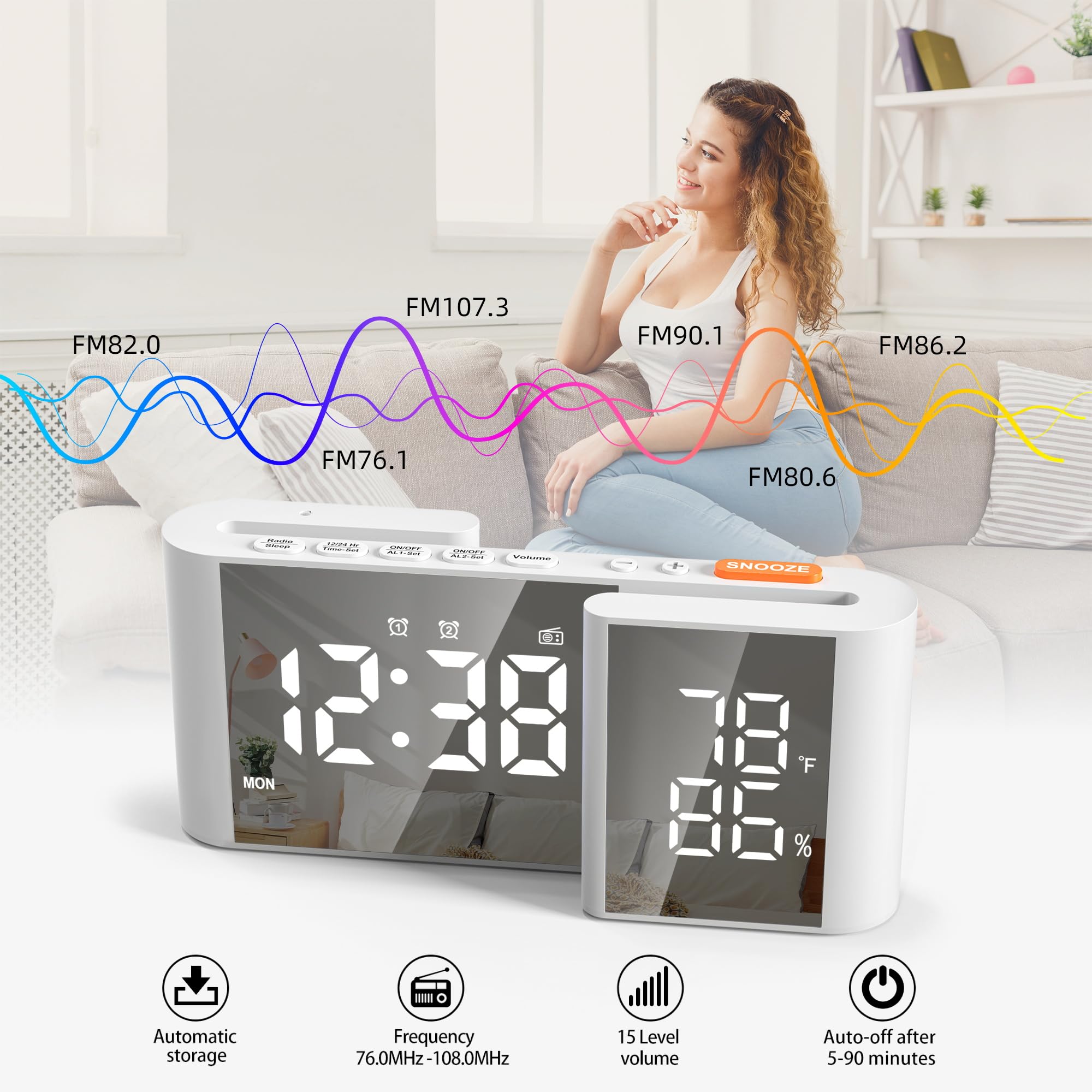 Radio Despertador para Dormitorio FM Radio LED Espejo Reloj Snooze Puerto USB Cargador Volumen Brillo Ajustable Blanco