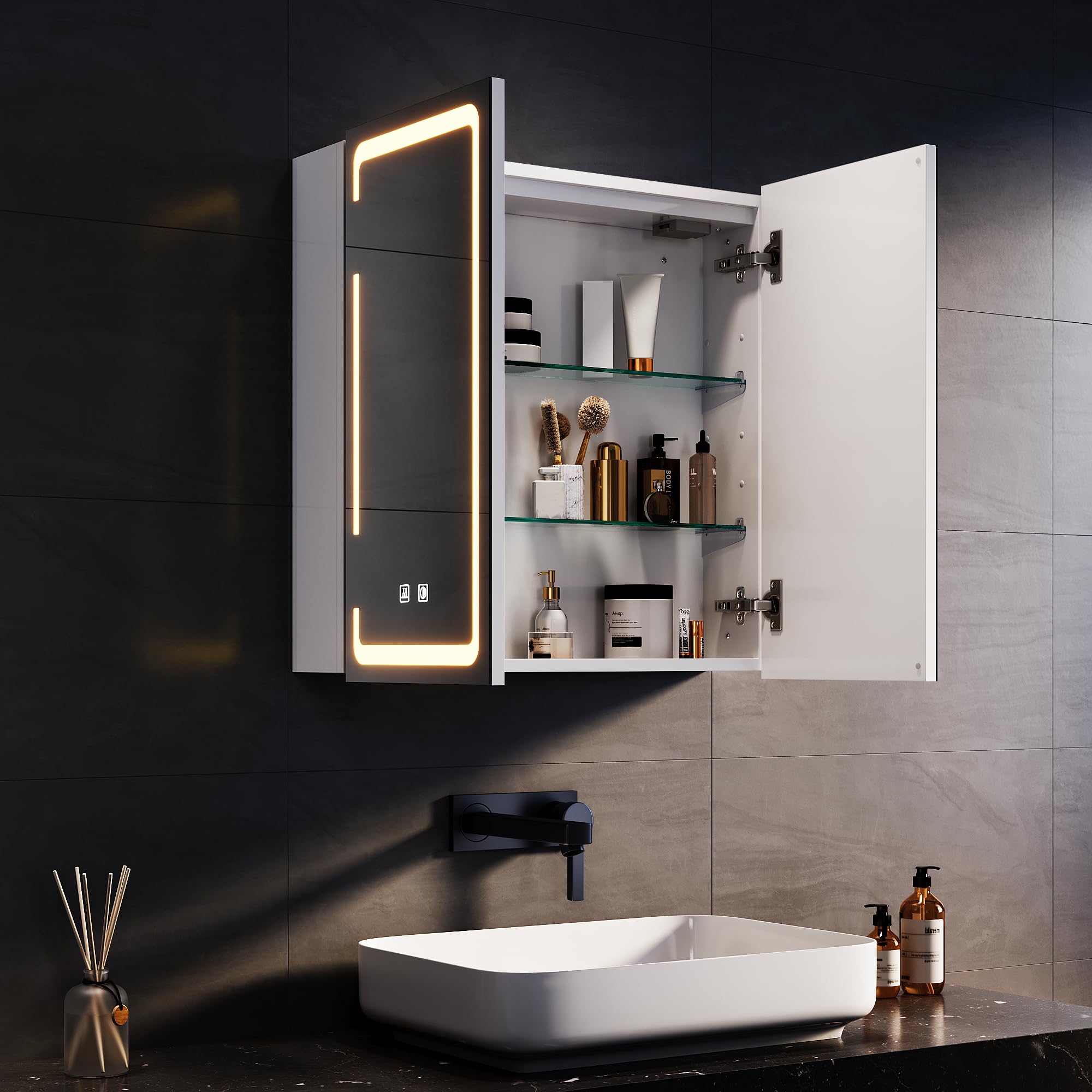 SONNI Szafka łazienkowa z lustrem LED, 60 x 59 cm, metalowa szafka z lustrem z dotykowym włącznikiem, 3 kolory światła + defogging, bezprzewodowy zawias, biała, łazienka, szafka medyczna