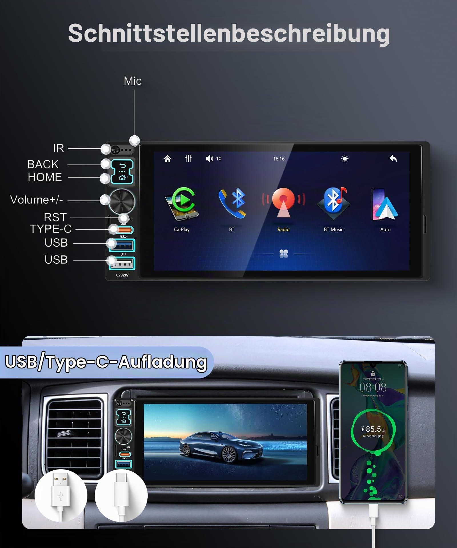 VECHTEL Autoradio 1 Din mit Drahtlos Carplay Android Auto, 6,8 Zoll IPS HD Touchscreen Autoradio, Unterstützung FM Radio Mirror Link USB/Typ-C Lenkrad-Bedienelemente Fernbedienung Rückfahrkamera