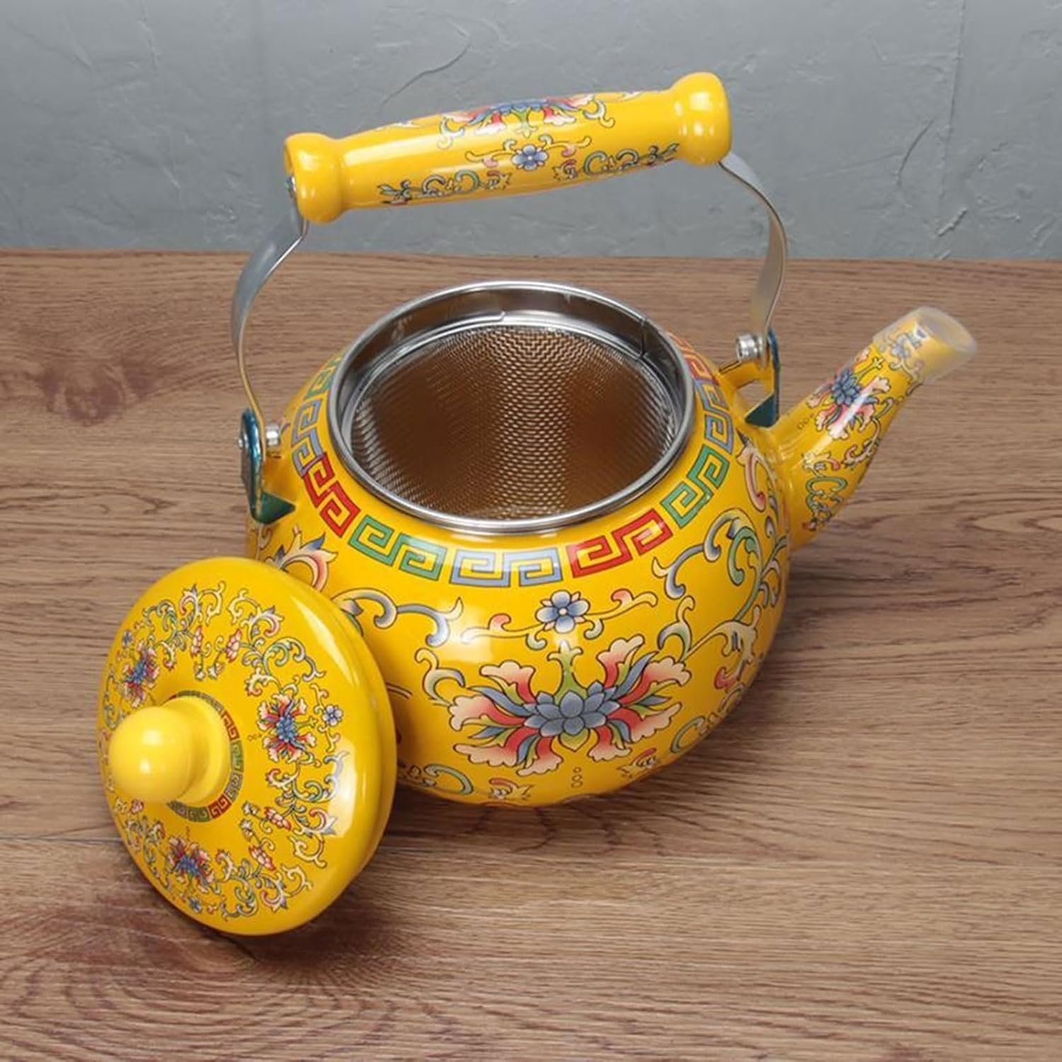 Vintage Floral Yellow Enamel Tea Pot, 2.1 Quarts Tea Kettle with Infuser, Teapot for Stove Top with Cool Touch Ergonomic Ceramic Handle for Boiling Water Coffee or Milk