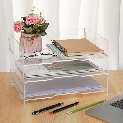 Miniatura 5 de Bandeja apilable de acrílico para cartas, bandeja de papel acrílico transparente desmontable de 3 niveles, organizador de archivos de escritorio