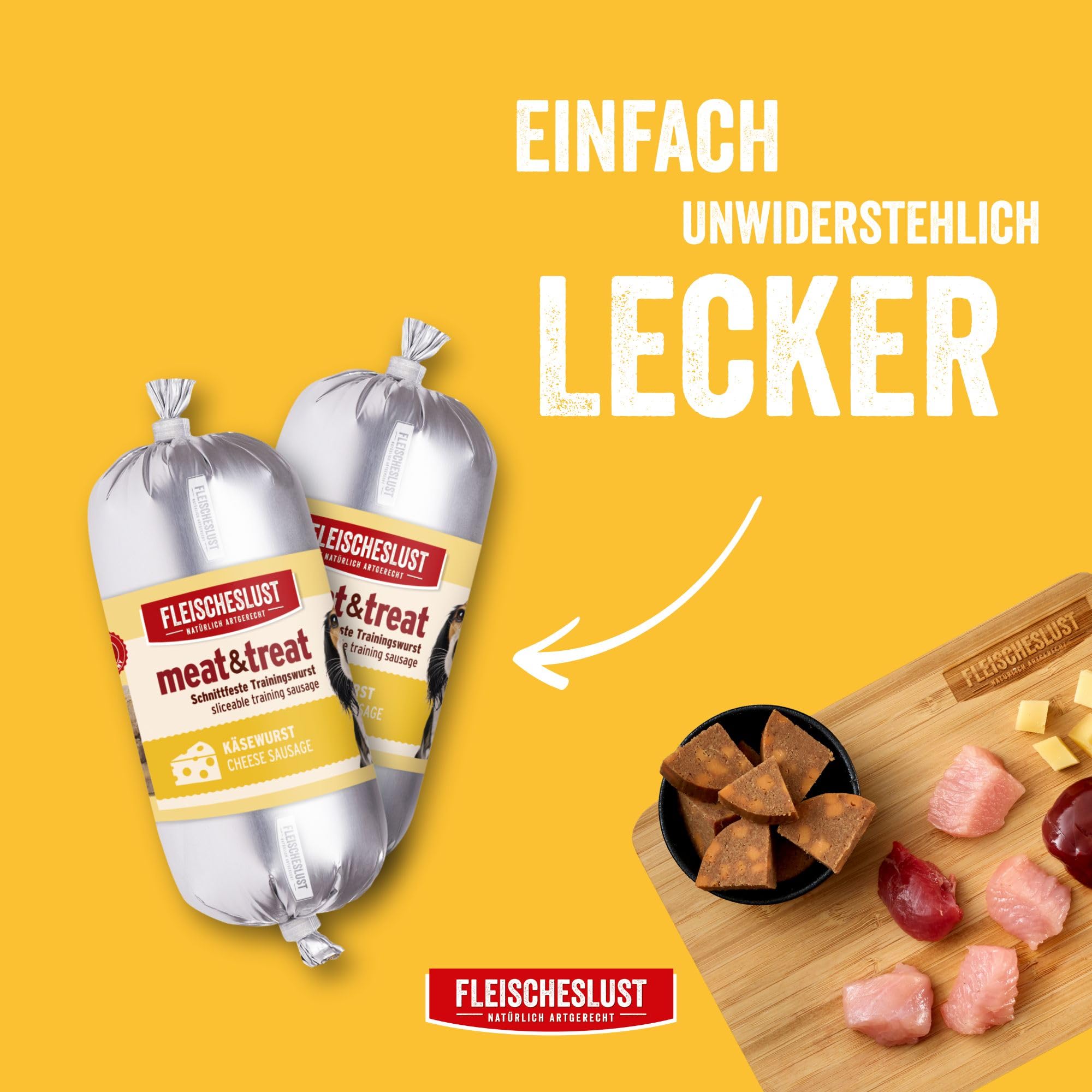 Fleischeslust Hundewurst, Meat&Treat Käsewurst (15x200g), schnittfeste Trainingswurst, Hundefutter für ausgewachsene Hunde