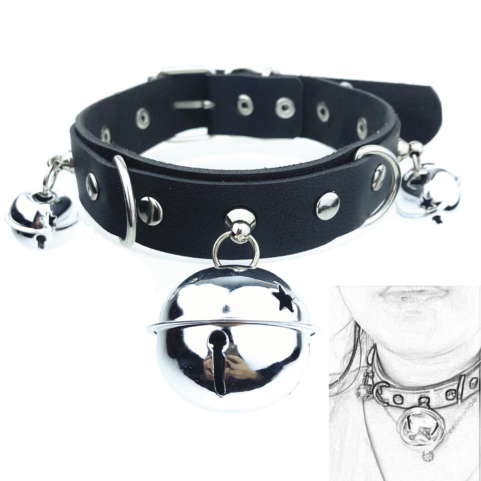 Gargantilla Gótica SM Collares de Cuero con 3 Campanas y Anillo en D de Metal Collar Gótico Punk Rock Collar Ajustable BDSM Juego de Esclavo Erótico Juguete Sexual para Mujeres Parejas