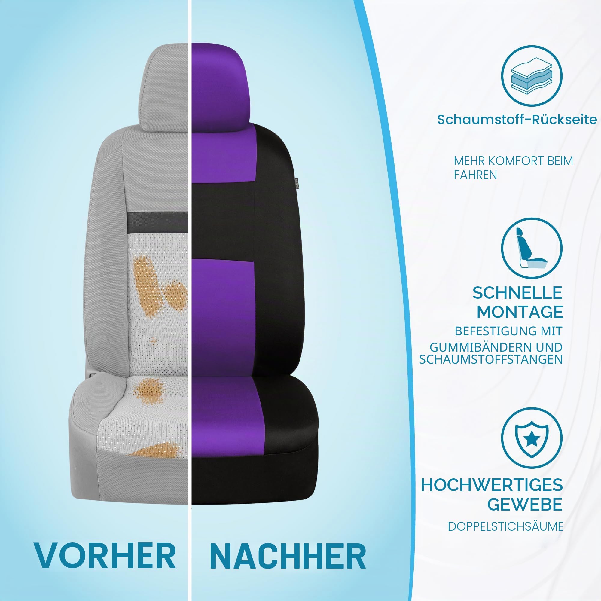 BDK PolyPro Autositzbezüge Komplettset in Lila auf Schwarz, vorne und hinten Geteilte Sitzbezüge für Autos, Autositzbezug-Set, Autozubehör für Auto, LKW, Van, SUV - Lila
