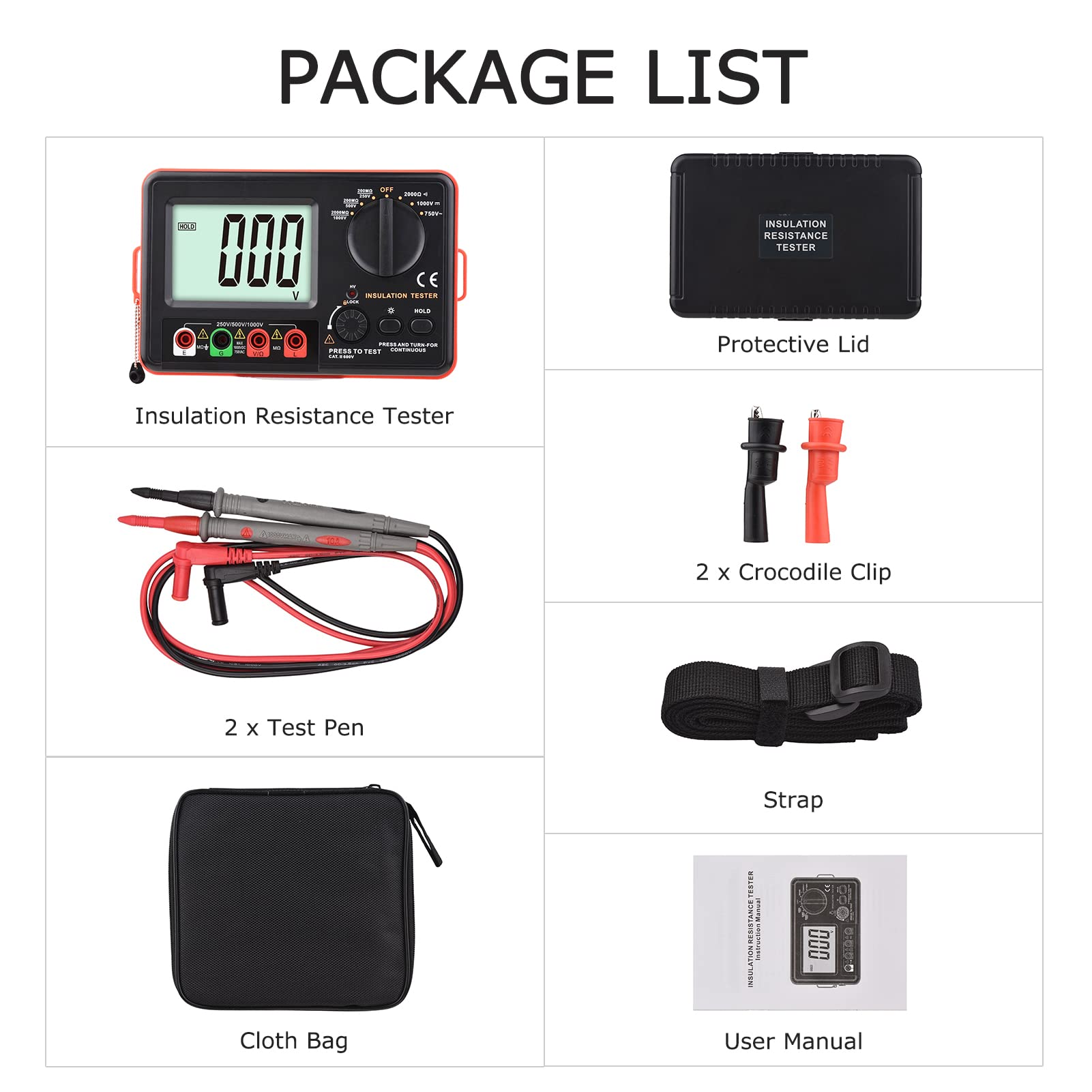 Digitales Isolationswiderstandsmessgerät mit LCD-Hintergrundbeleuchtung DC 250V/ 500V/ 1000V AC 750V Multifunktions-Isolationswiderstands-Messgerät-Kit mit Riemen/Schutzdeckel/Stoffbeutel.