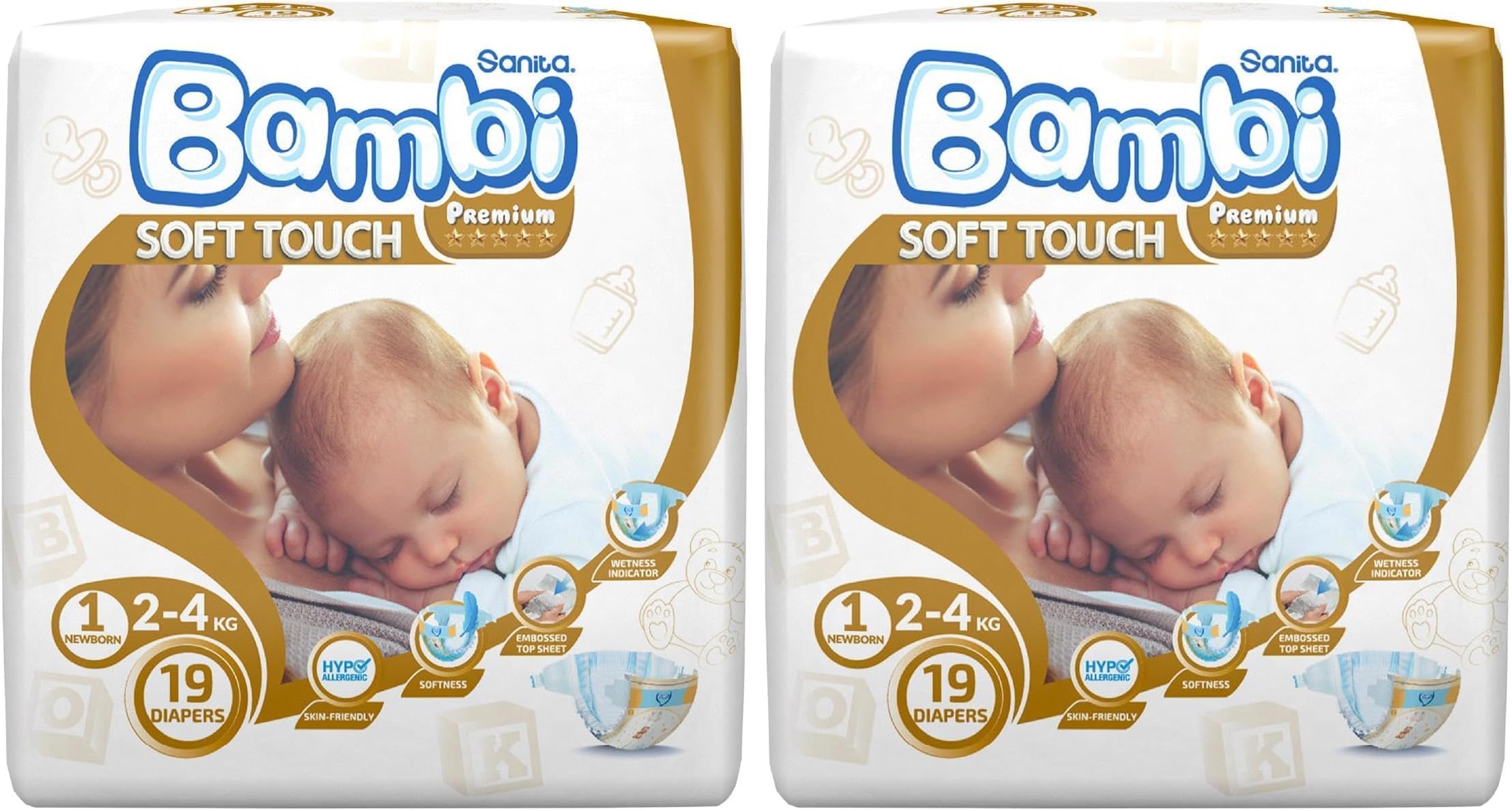 Sanita Bambi Baby Diapers Regular Pack Size 1, New Born, 2-4 Kg, 19 Count (Pack of 2)