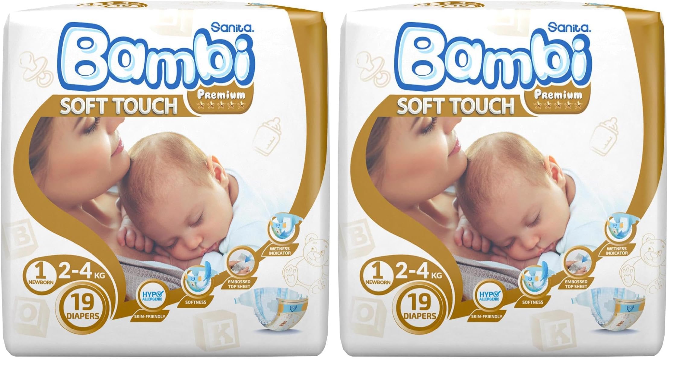 Sanita Bambi Baby Diapers Regular Pack Size 1, New Born, 2-4 Kg, 19 Count (Pack of 2)