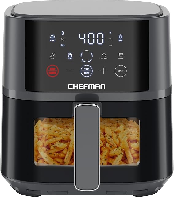 Chefman Air Fryer – 4 QT Compact Airfryer for Quick & Easy Meals, Features Hi-Fry Technology for Extra Crisp, Easy-View Window, Touch Controls with 4 Presets, Nonstick & Dishwasher Safe Basket - Grey