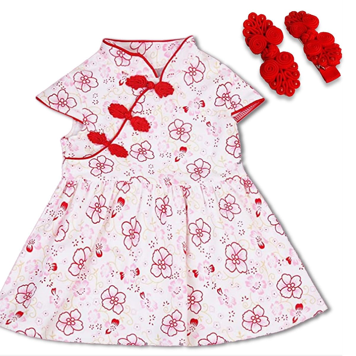 Girls Baby Chinese Qipao Cheongsam Cotton Dress Clothes Set Outfit with Matching Pair of Clips
