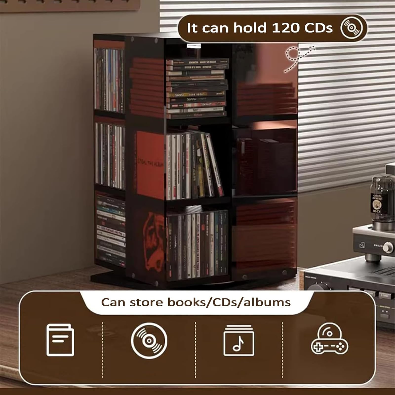 Torre di archiviazione rotante per dischi in vinile, porta CD a 360°, display aperto su 4 lati, contiene 120 CD, ideale per libri, riviste e DVD