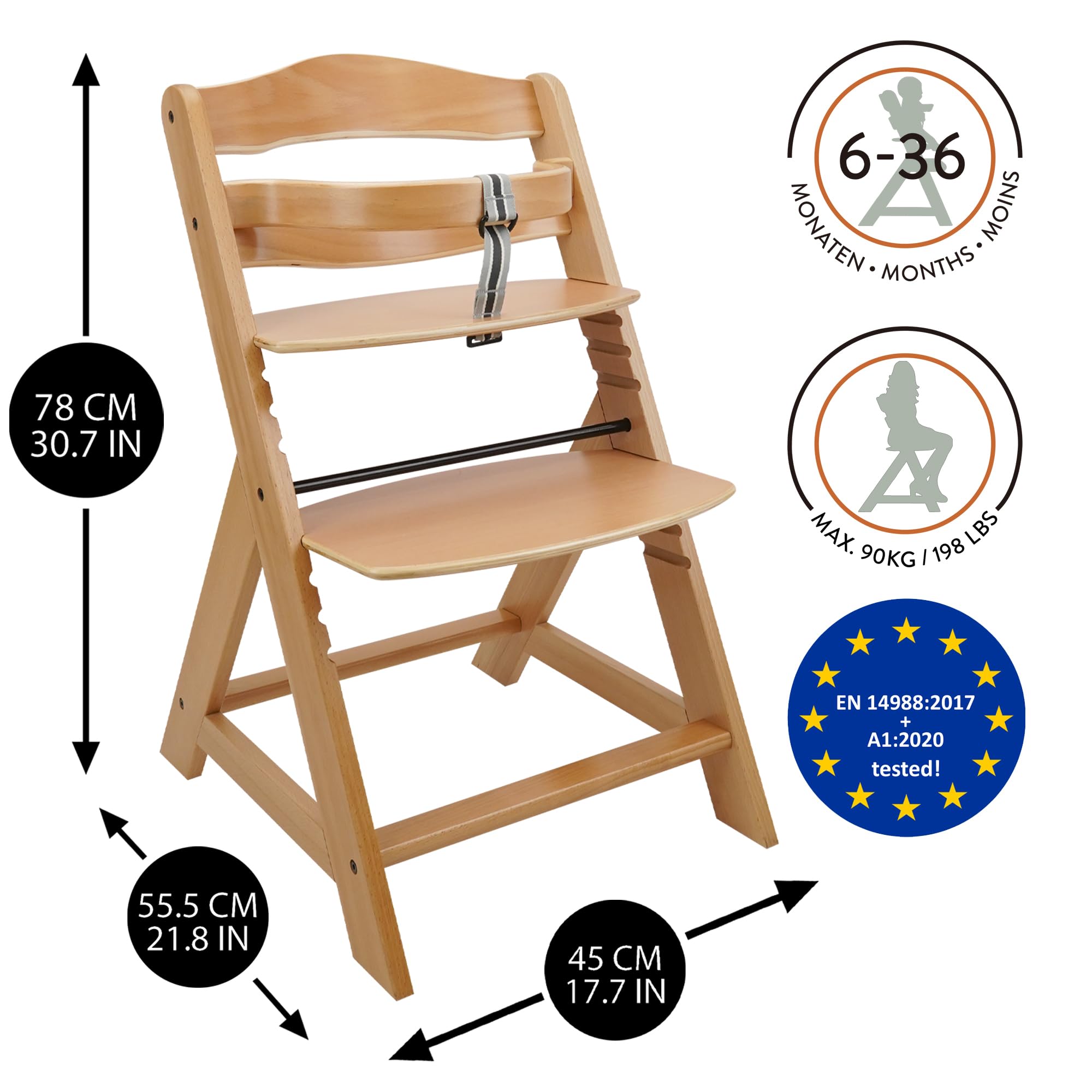 509 Crew Sun Wooden High Chair Grow Up Set from New Born Up to 90kg, Baby High Chair Include New Born Seat, Pillow Cushion, Color Natural Charcoal