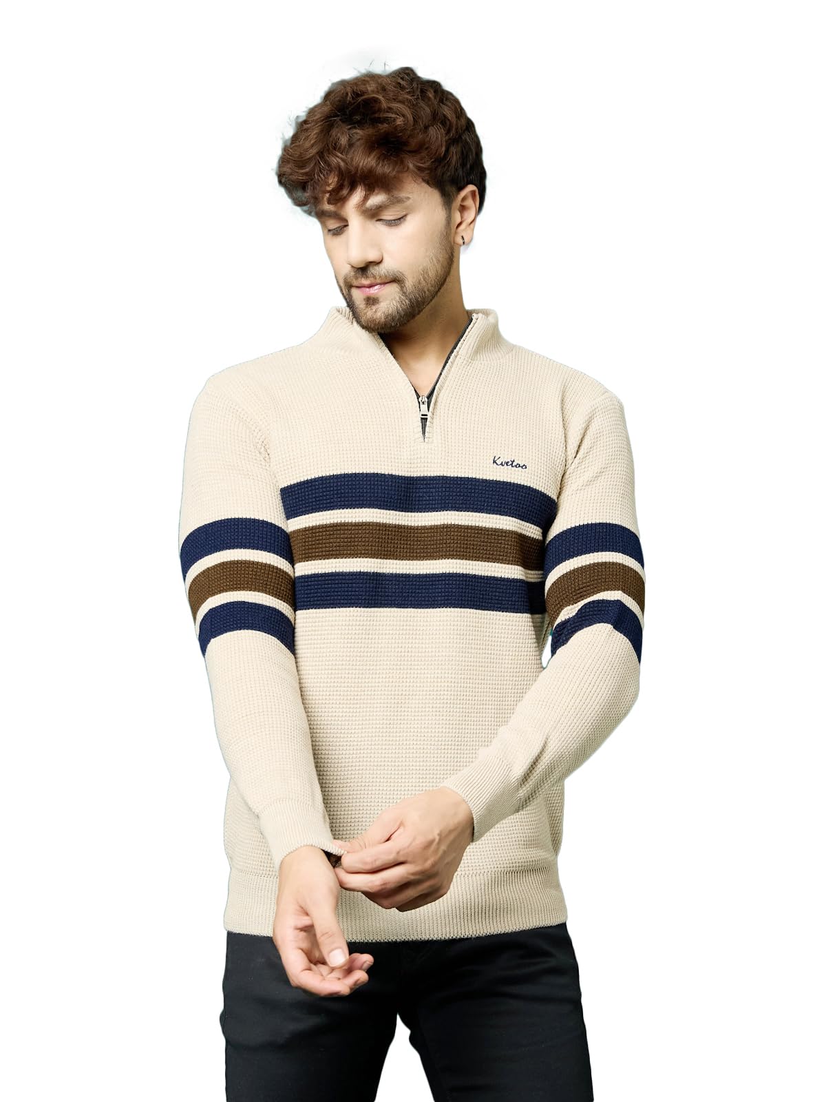 Men High Neck Zip Full Sleeve Woolen Winter Sweater Waffle Knit Sweater-image-19