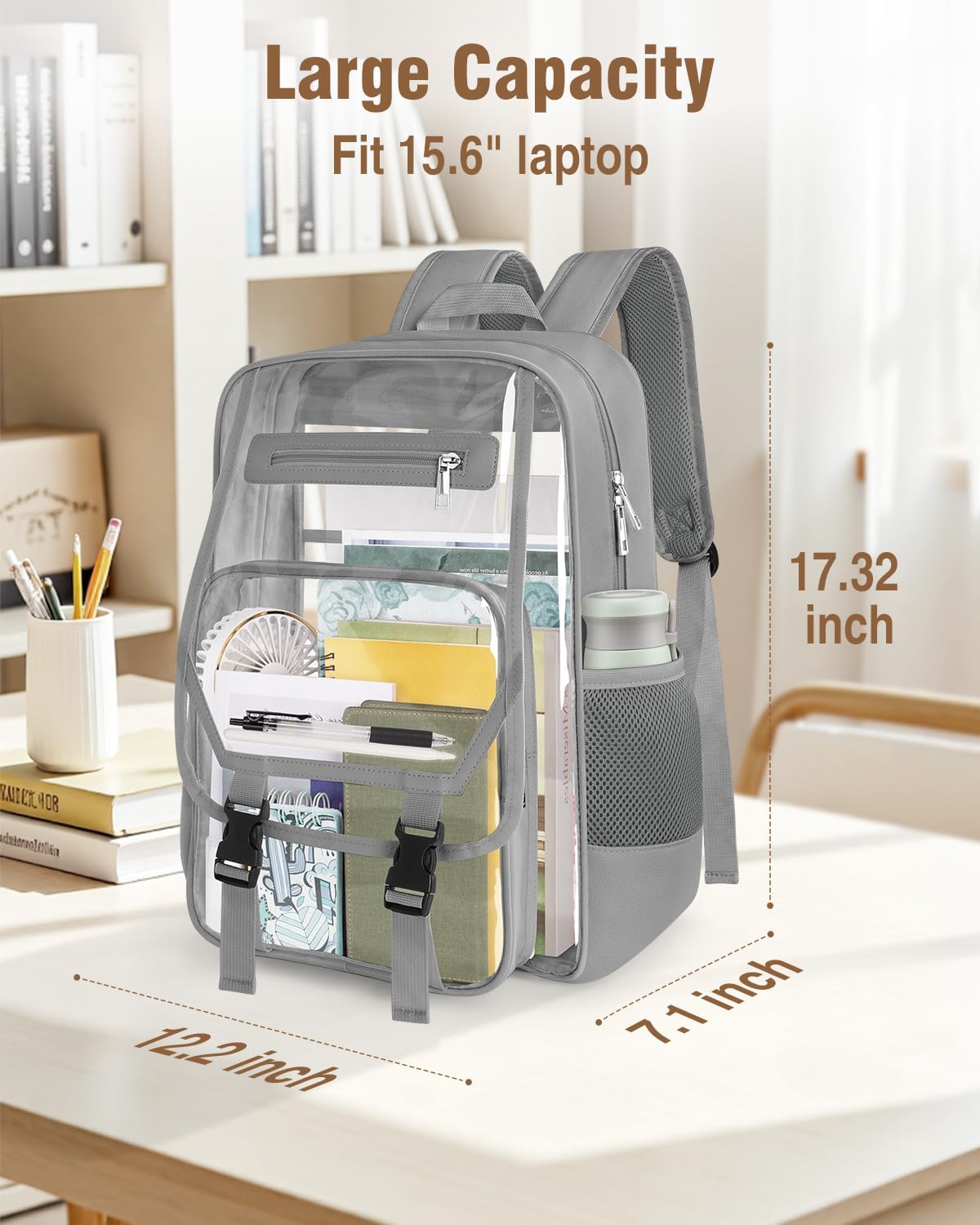 Soimeat Clear Backpack Heavy Duty, Fabric & PVC Transparent Bookbag, See Through Backpacks with Reinforced Strap for Women Men, Large Capacity Clear Backpack for College, Travel, Security, Grey
