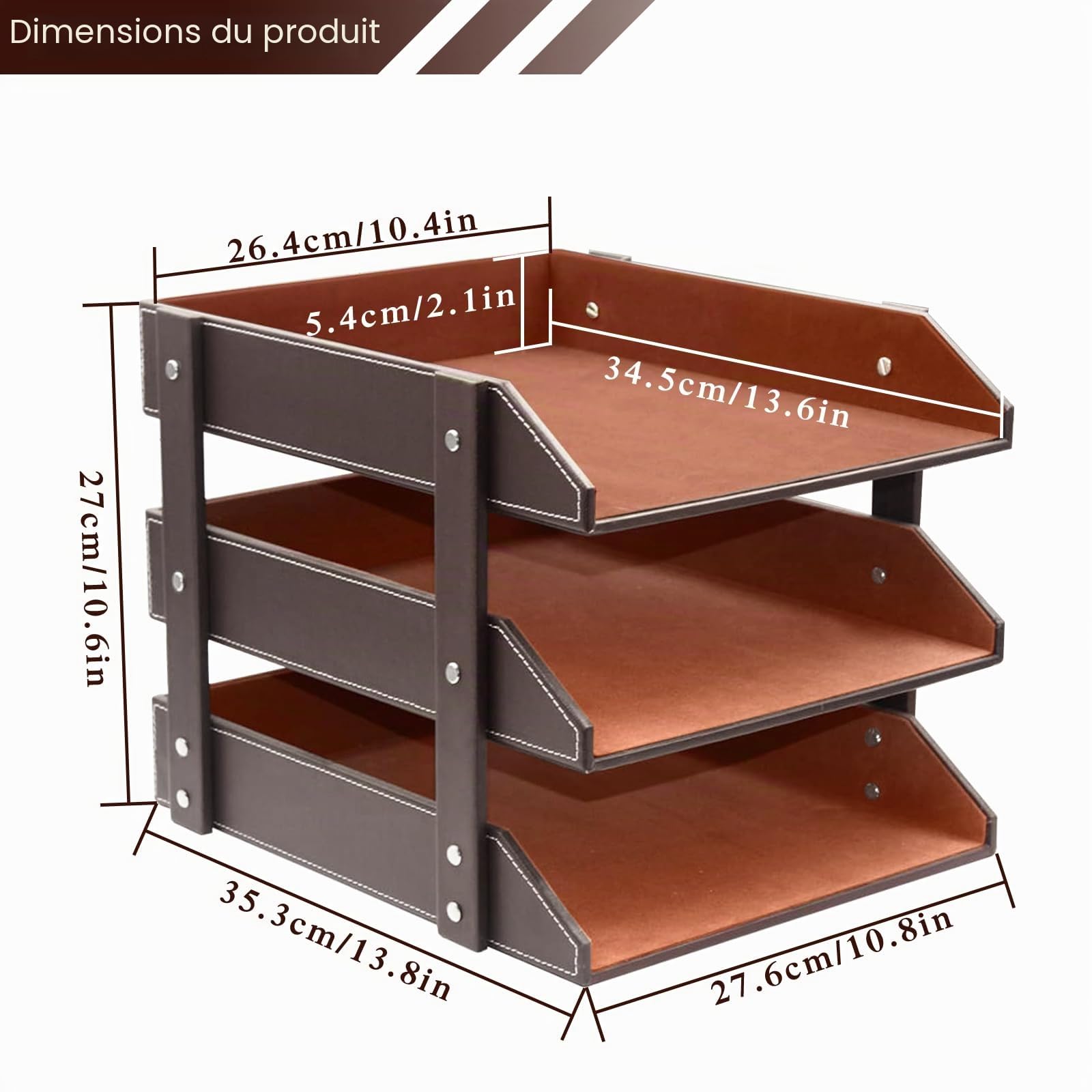 Organiseur de bureau en cuir empilable - Compartiment à documents pour dossiers, papeterie, magazines, courrier, maison, petits objets, organisateur de bureau (marron)