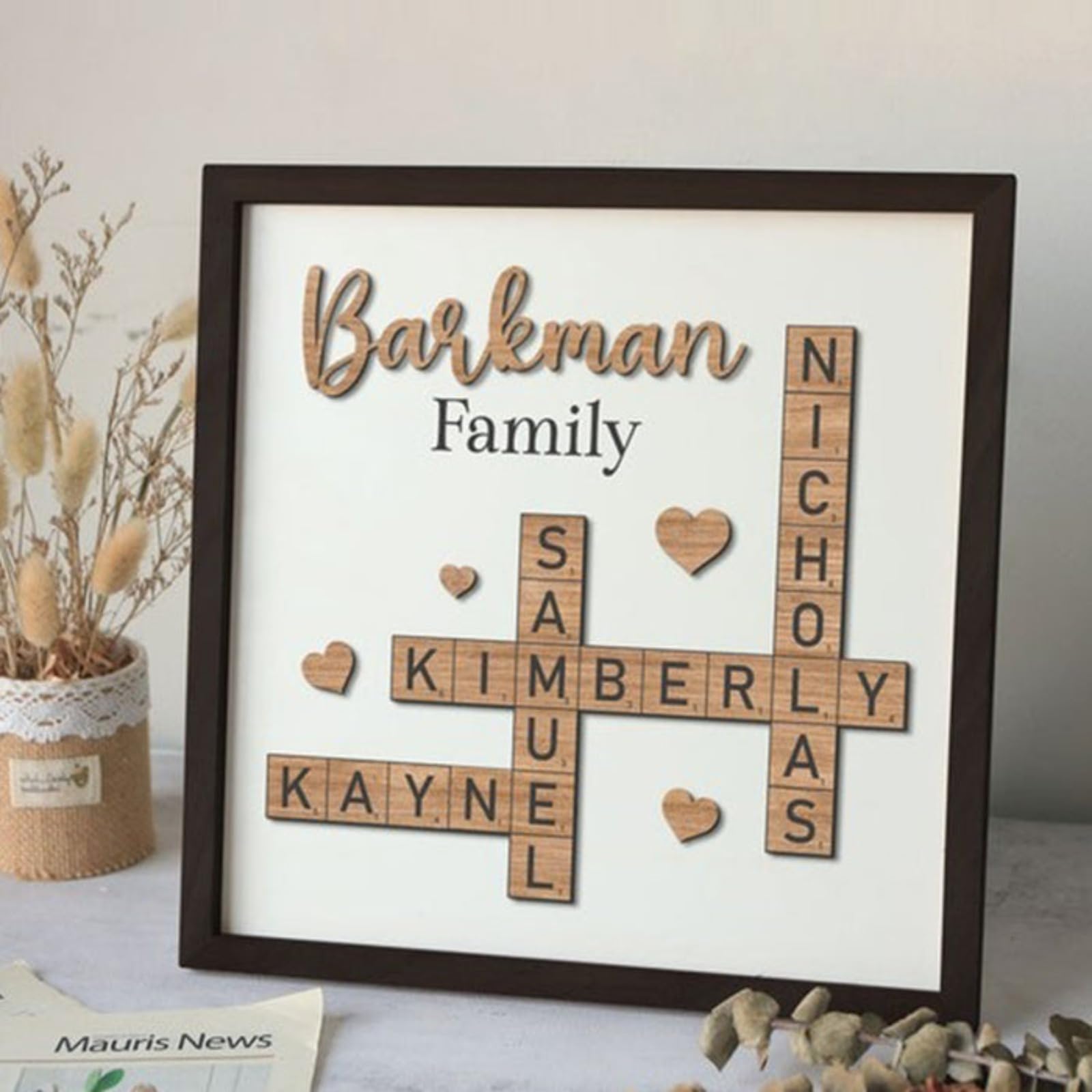 Personalized Scrabble Tile Family Names Sign,Custom Familys Letter Tile Frame Wall Art,Grandkids Crossword Scrabble Wooden Sign,Name Puzzle,Last Name Signs,Family Crossword Ar (12" 8cm)
