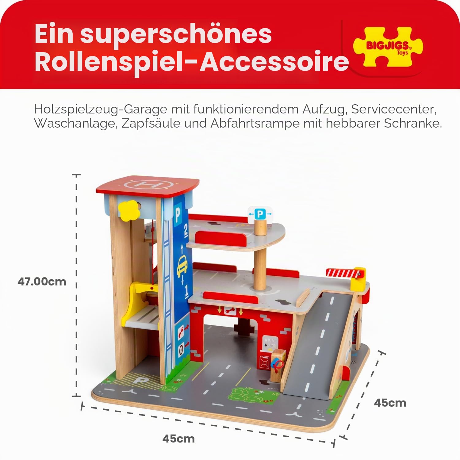 Bigjigs Park & Play Garage-Spielzeug, Holz-Servicezentrum mit Aufzug & Autowaschanlage