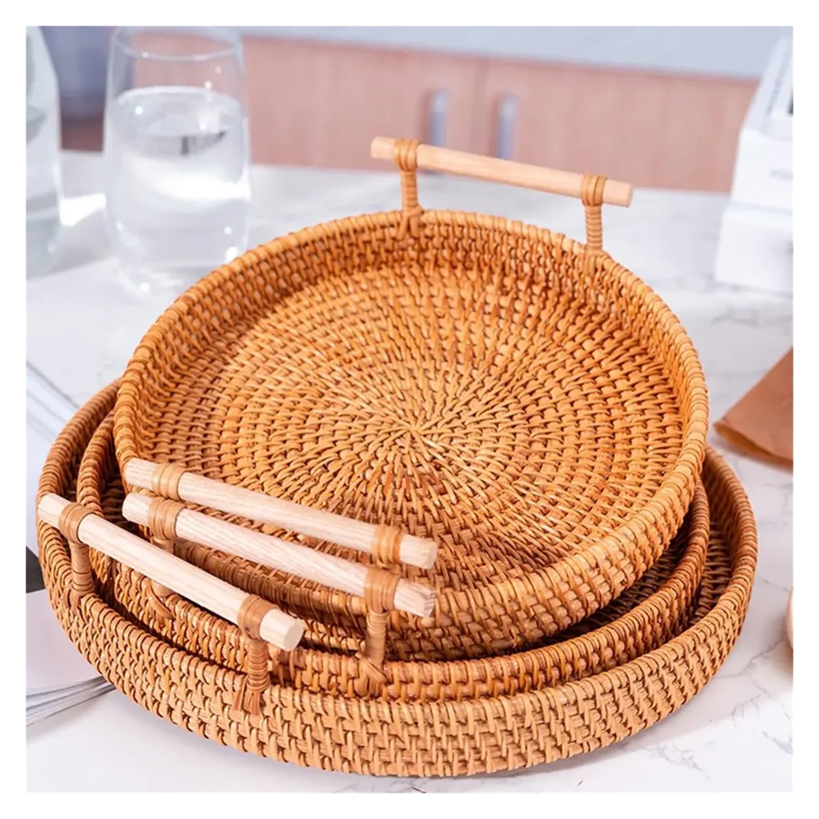 Cesta de almacenamiento mimbre tejida con asa correa, bandeja redonda for pan, aperitivos, frutas, Picnic, Organización del hogar para Dormitorio(L)