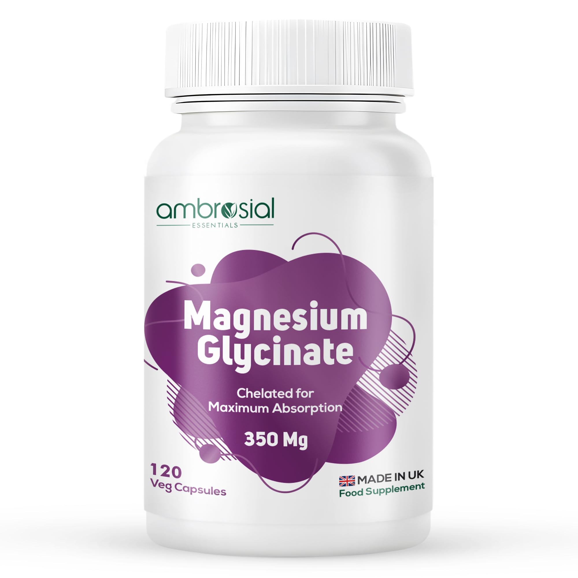 Ambrosial Chelated Magnesium Glycinate - 350 mg of Elemental Magnesium – High Strength Mag.Supplement for Women & Men, Gentle on Stomach, Vegan, GMP Certified, 120 Capsules (4 Months Supply)