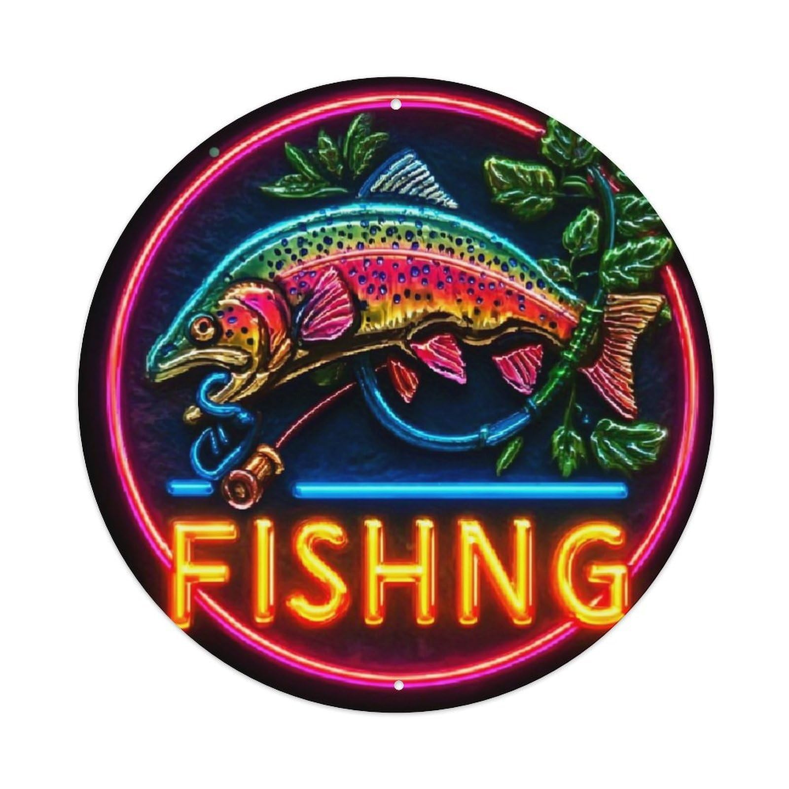Neon Fish Fishing Hook Leaves Retro Metal Sign Round Tin Sign, Vintage Decor Art Poster for Bar, Home, Man Cave, Kitchen, Laundry Room Gift 8x8Inch