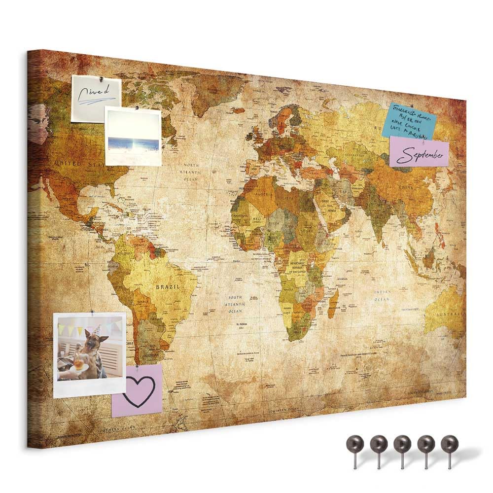 murando - Pin Board World Map 90x60 cm/36"x24" 1 piece Cork Board On Non-Woven Material XXL Memo Notice Board Pins Included Vision Board Images Pictures Home Decor Wall - Travel Vintage k-B-0051-v-a