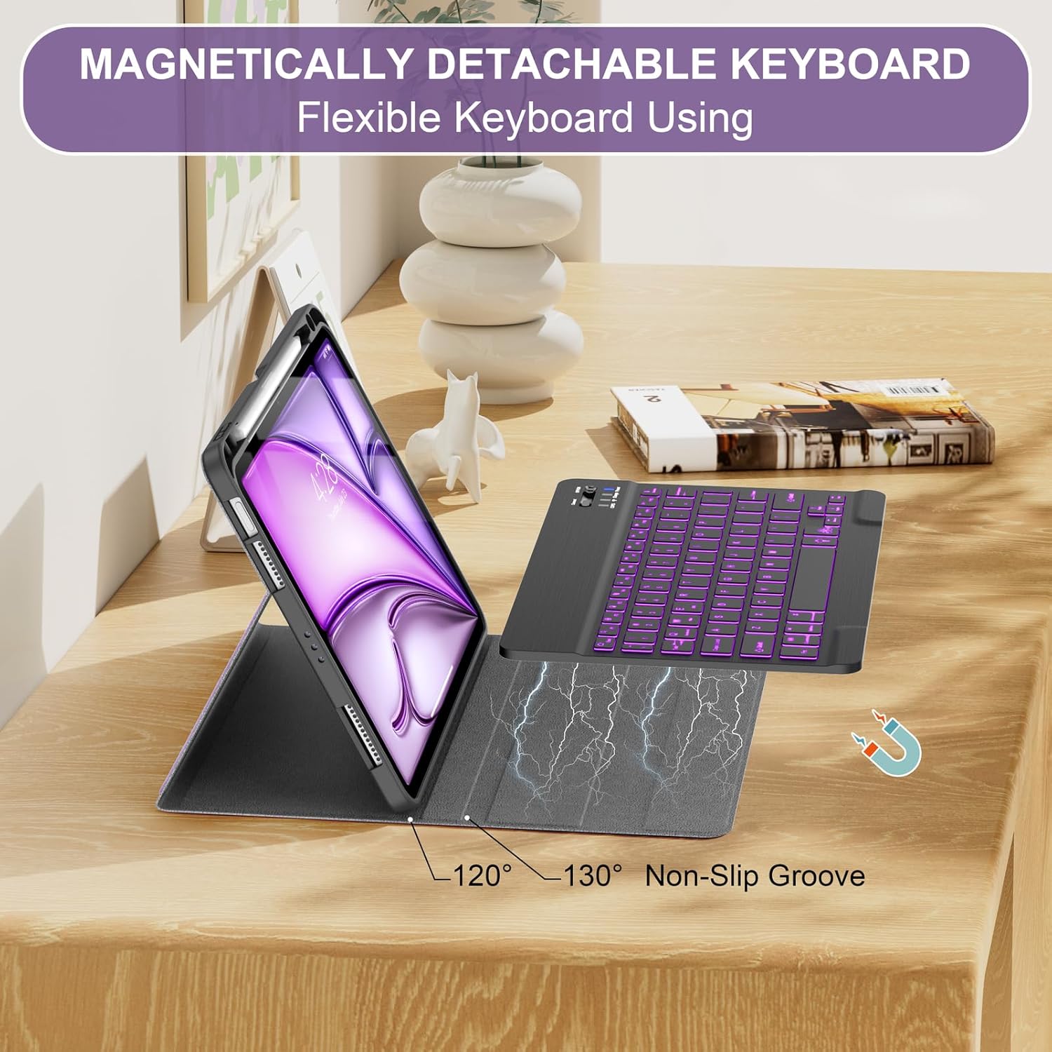 Soke Keyboard Case for iPad Air 11 Inch(M3 2025/M2 2024) & Air 5th/4th Generation - 7 Color Backlit Detachable Keyboard Cover with Pencil Holder, Purple Marble