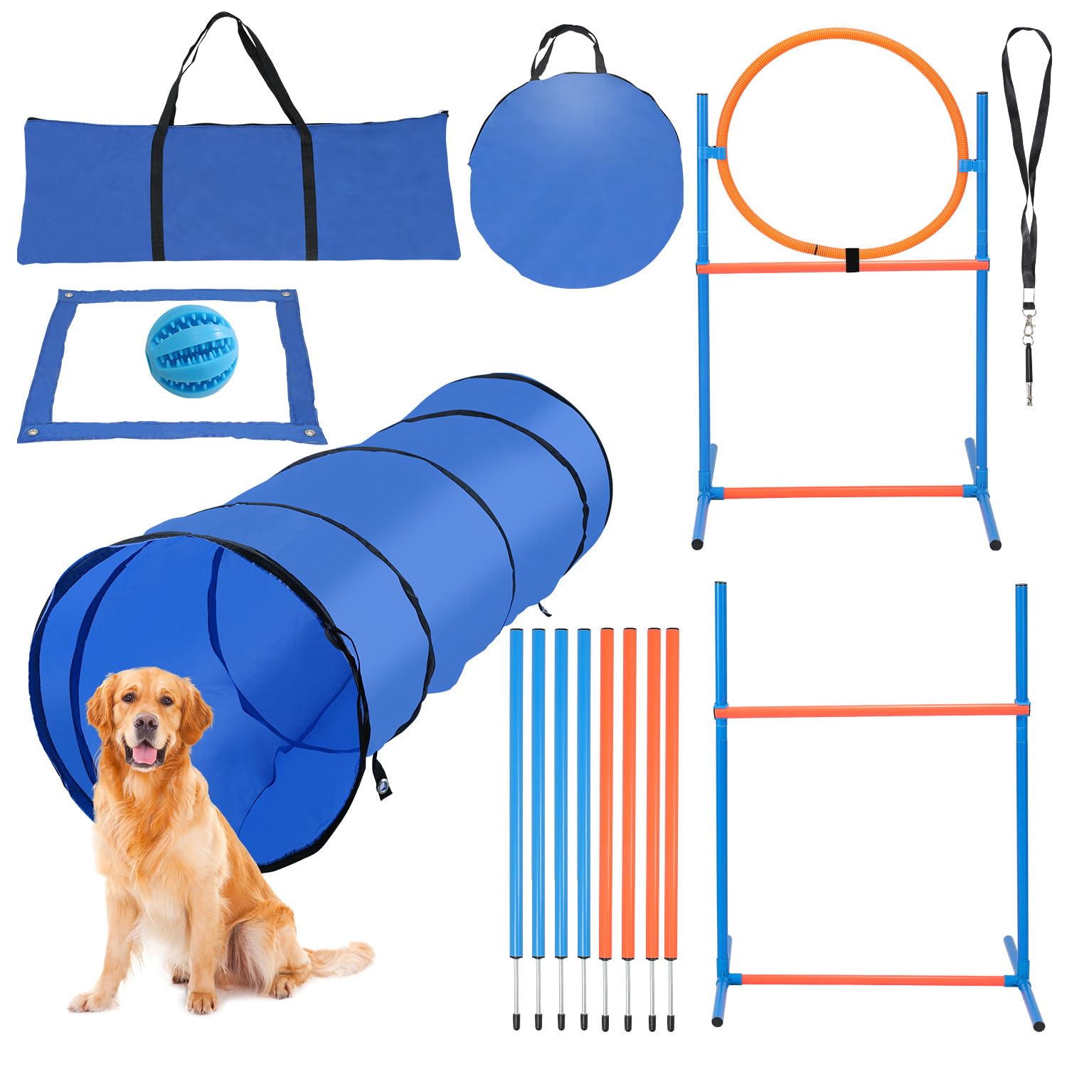 Agility Set Hunde,Mehrteilig mit Springring,Slalomstangen,Tunnel | Mehrteiliges Trainingsset mit Springring,Slalomstangen und Hundetunnel inklusive Tragetaschen,Pfeife und blauem Ball