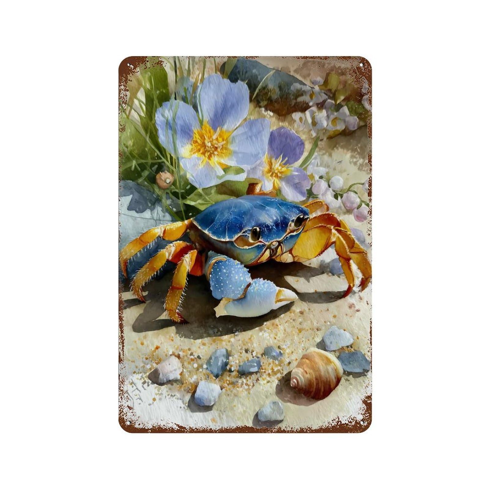 Blue Crab Watercolor Painting Weathered Tin Sign 11.8"x7.9", Farmhouse Wall Decor for Garage, Pub Or Kitchen