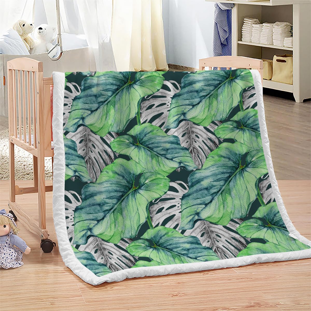 Feuilles De Palmier Couverture de Confort 130X150 cm 3D Plaid Couverture Feuilles De Palmier Microfibre Chaud Doux Jeté de Canapé Moelleux et Salon Chambre Sherpa Blanket（Style 202-4）