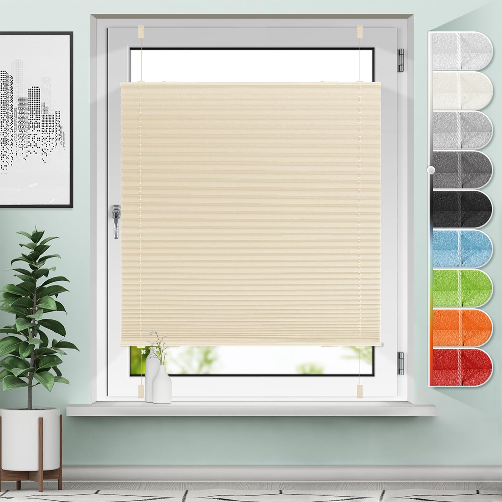 Sanfree Plissee Klemmfix Plisseerollo ohne Bohren Beige B100 x H200cm inkl. Klemmträger Blickdicht und lichtdurchlässig Jalousie Faltrollo Sichtschutz und Sonnenschutz Rollo für Fenster & Tür