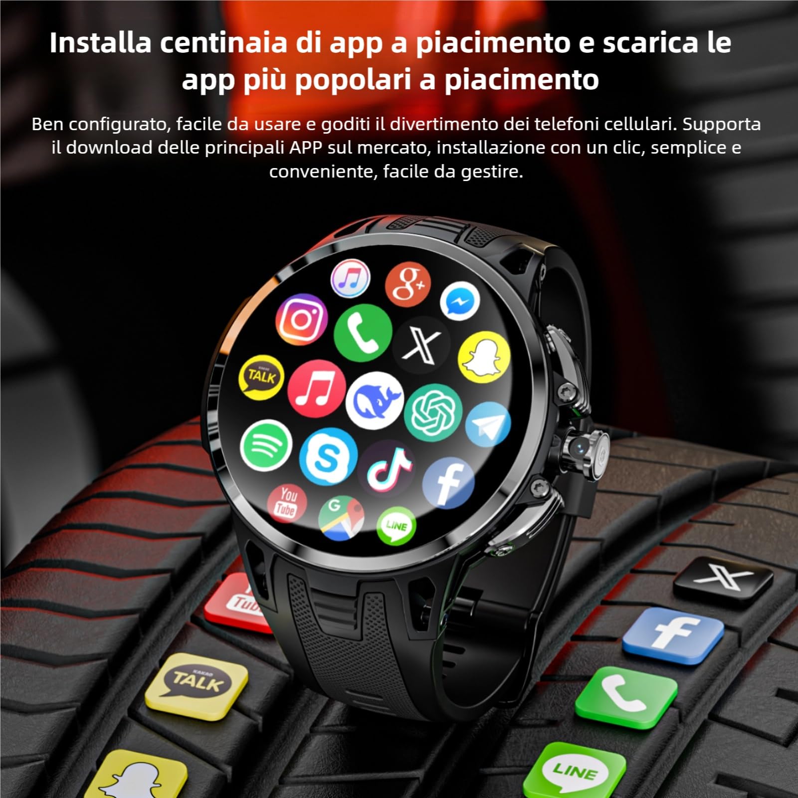 LOKMAT 4G Android Smart Watch, schermo AMOLED da 1,75'', 3 GB + 32 GB, tracker di attività fisica sportiva, smartwatch per uomo e donna, con slot per scheda SIM, fotocamera rotante, GPS, WiFi (nero)