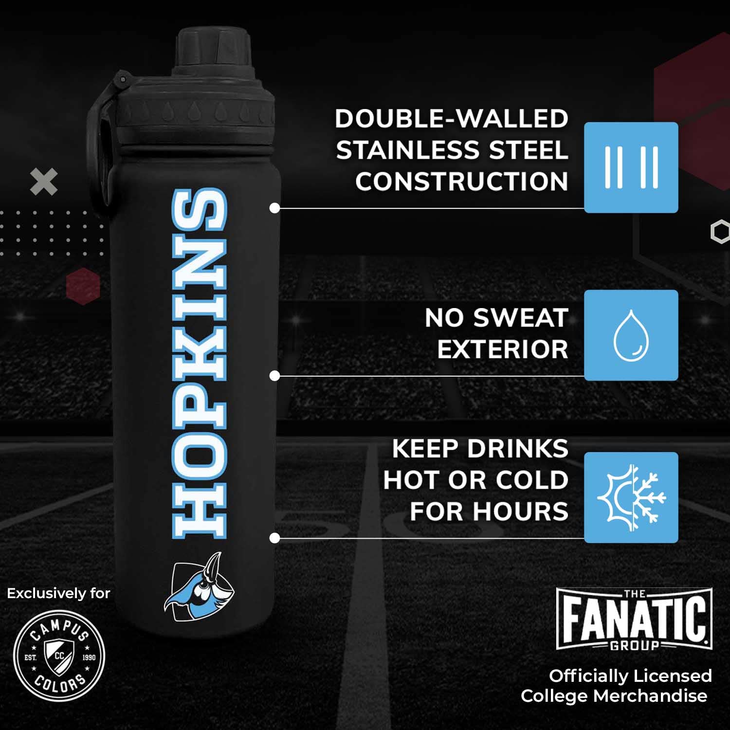 Johns Hopkins Blue Jays 24oz Stainless Steel Vacuum Water Bottle - Twist-On Cap, Sweat-Free, Fits Cup Holders, Officially Licensed