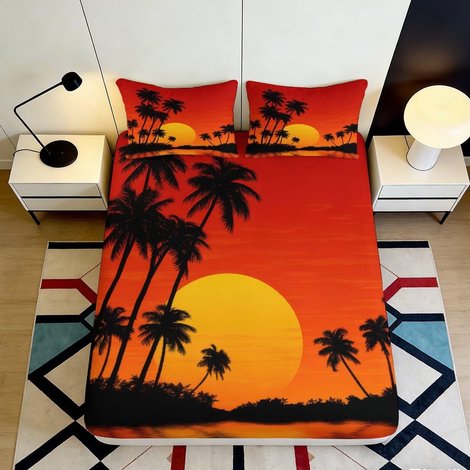 3D Printed Sunset Palm Beach Fitted Sheet Microfiber Mattress Cover Anti-Slip Bed Decor for Bedroom Guest Room Dorm 90x200x25cm