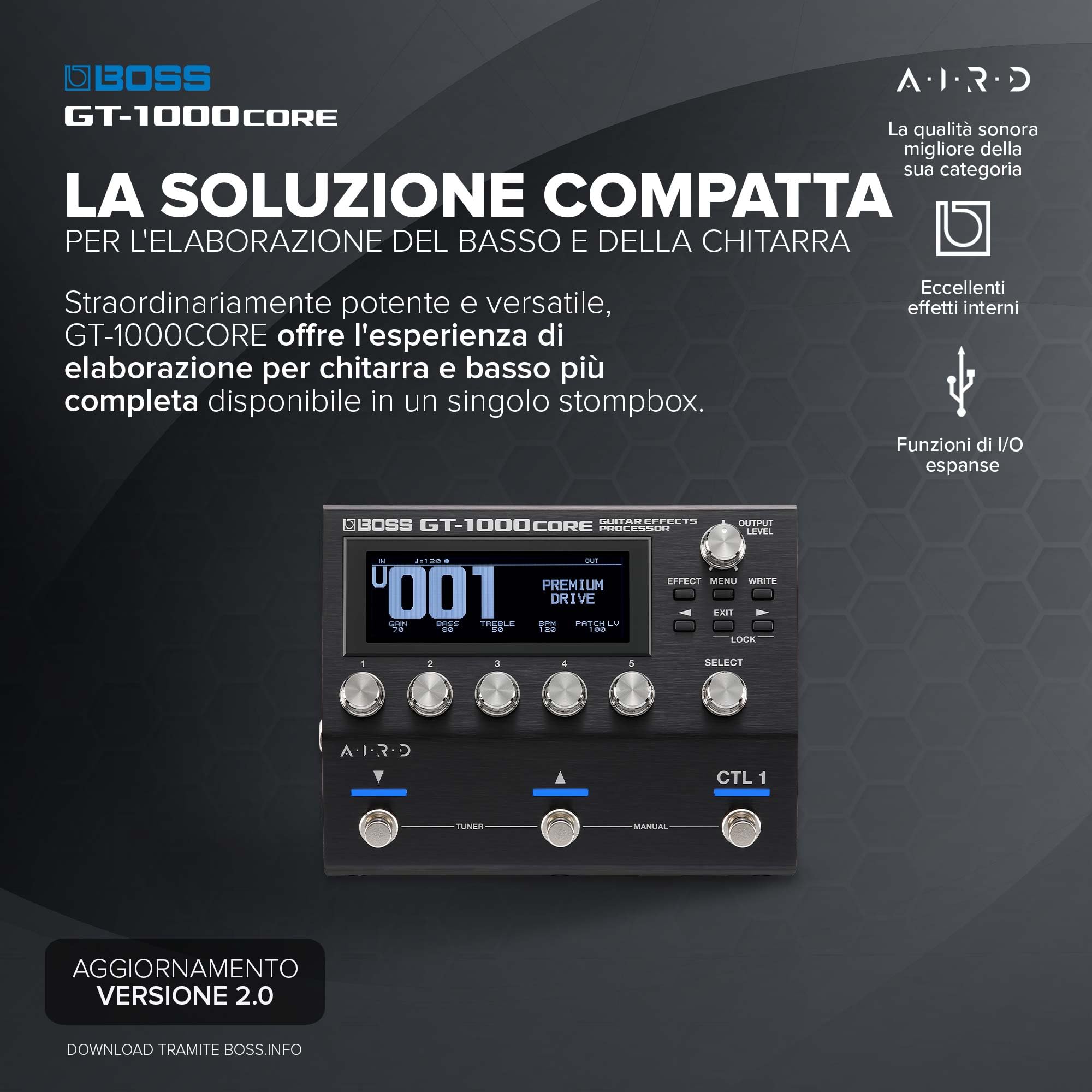BOSS GT-1000CORE | Processore di effetti per chitarra compatto | Qualità sonora leader della sua categoria | Ampli per chitarra ultra-versatili realizzati con la tecnologia AIRD