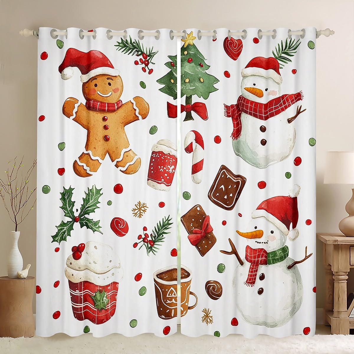 Gingerbread Man Window Curtains Christmas Snowman Darkening Blackout Curtains Happy New Year Window Treatments Xmas Pine Tree Bowknot Grommet Top 2 Panel Set Drapes,42Wx90L