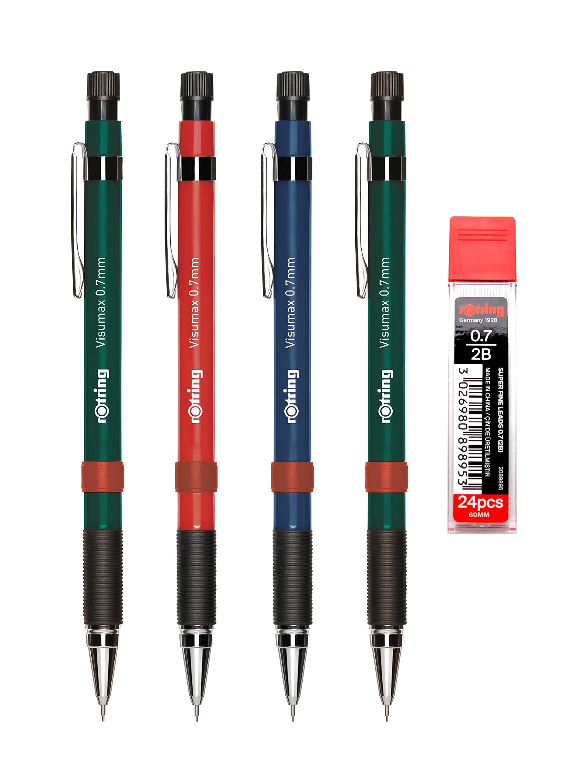 Visumax Mechanical Pencils - 0.7mm - Pack of 4 Pencils + 24 Super Polymer 2B Lead Refills - Twist Out Eraser - Rubber Grip - Refillable - Assorted Barrel Colours