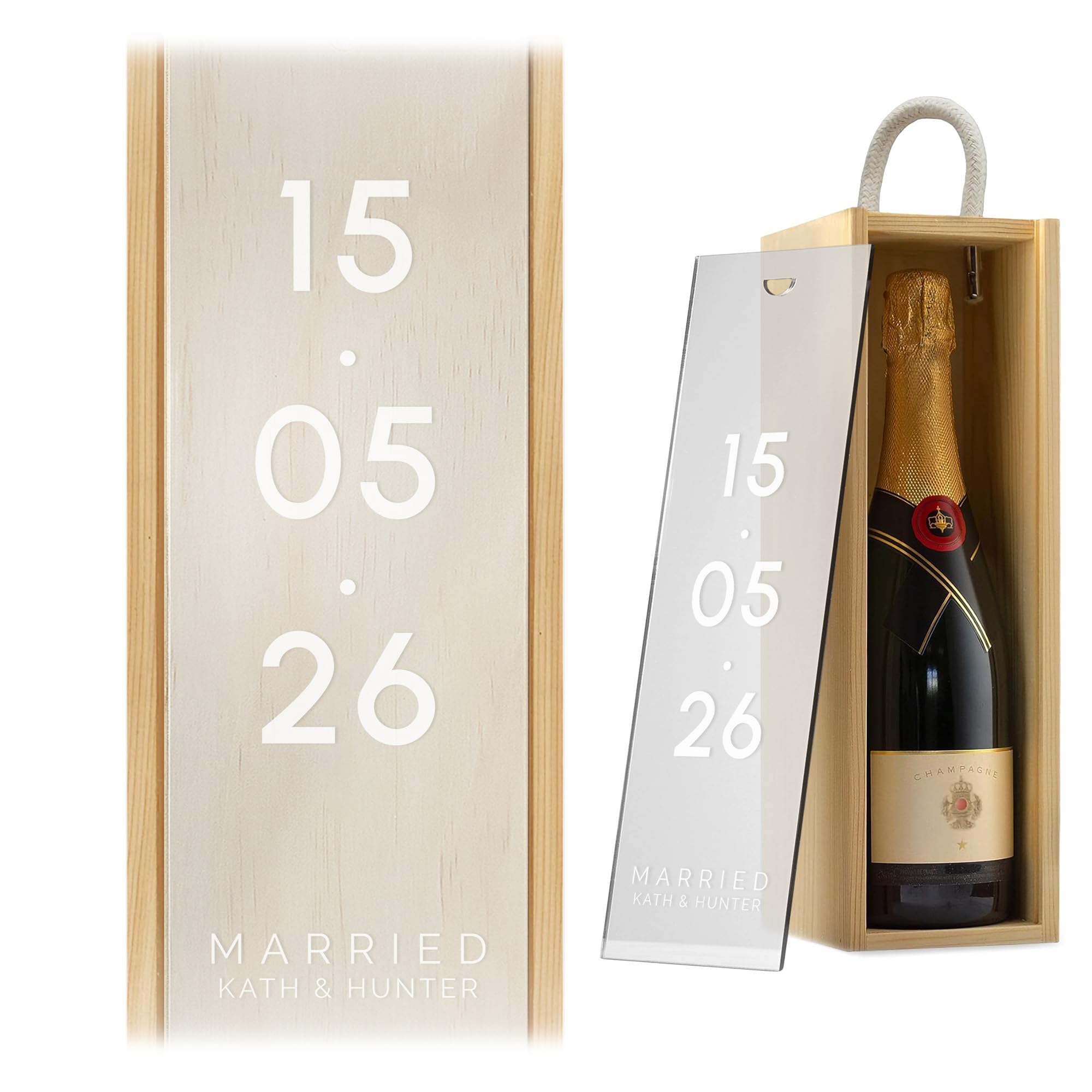 A1 Graphics Ltd Natural Box/Frost Lid Custom Date Wine Gift Box Engagement Custom Printed Personalised Wedding Present Retirement Valentines Anniversary Engagement Gift ()
