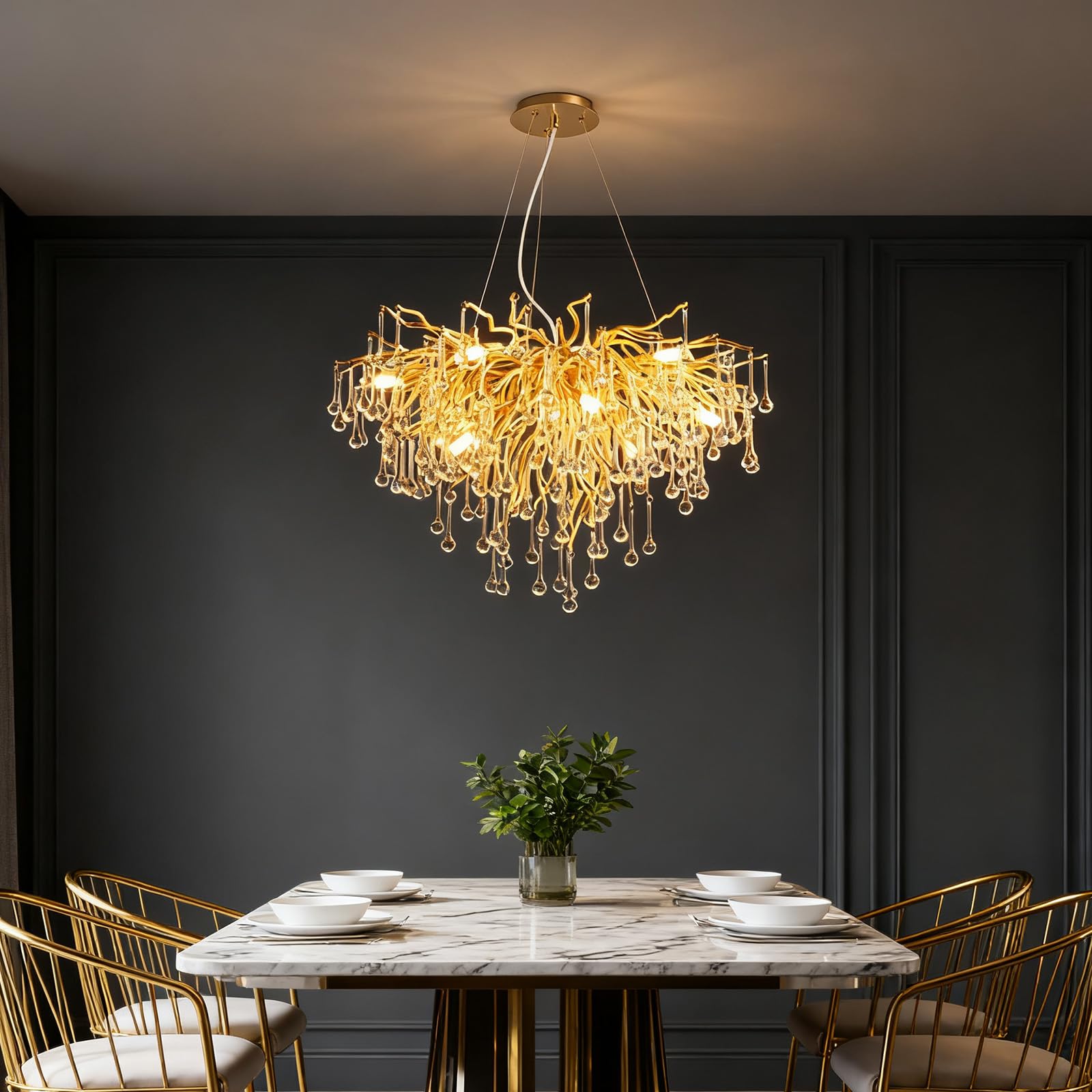 KXEcoLife Modern Crystal Chandeliers, Luxury Tree Branch Chandelier Hanging Light Fixtures, Raindrop Chandeliers for Dining Room,Living Room,Round 60cm