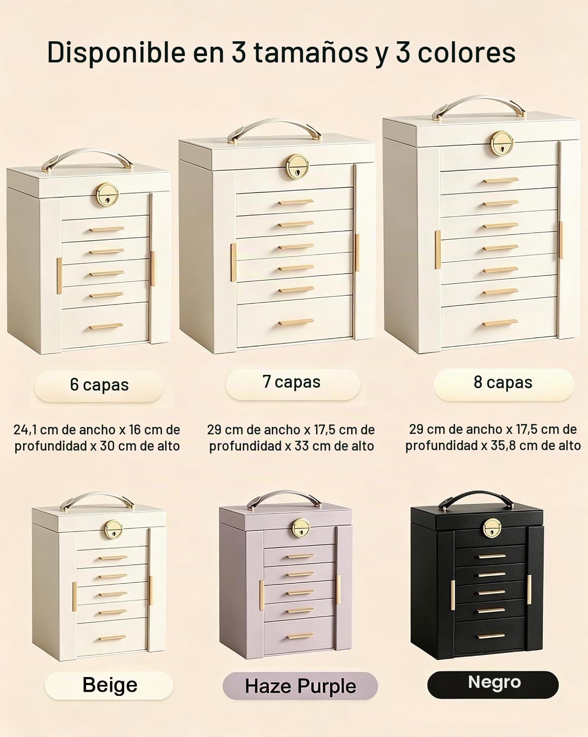 Lolalet Caja Organizadora de Joyas Grande 6 niveles con Espejo Beige | con Cerradura, para Anillos, Pendientes, Pulseras, Collares y Relojes. Ideal para Hogar y Regalos para Mujeres