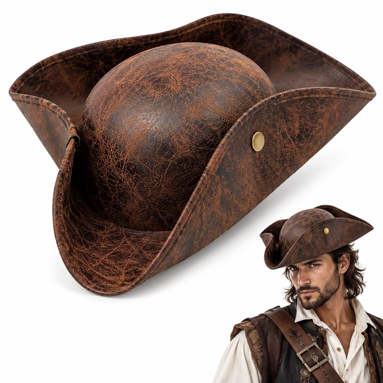 Brown Pirate Hat for Adult, Tricorn Hat, Pirate Accessories for Men Women