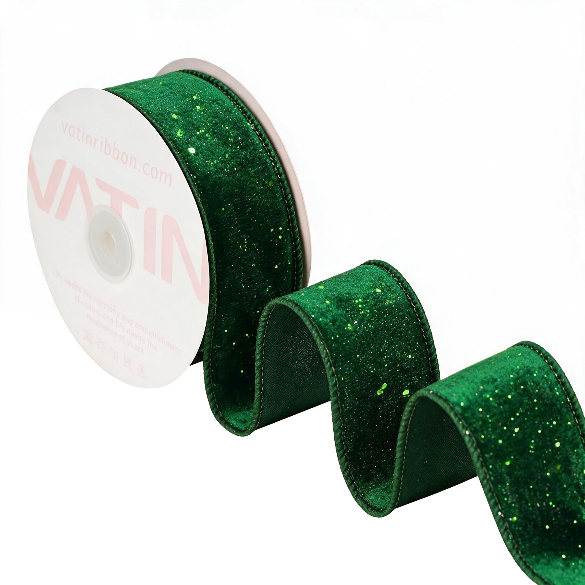 VATIN Green Glitter Wired Ribbon, 38 MM x 9 M, Christmas Tree Decorations