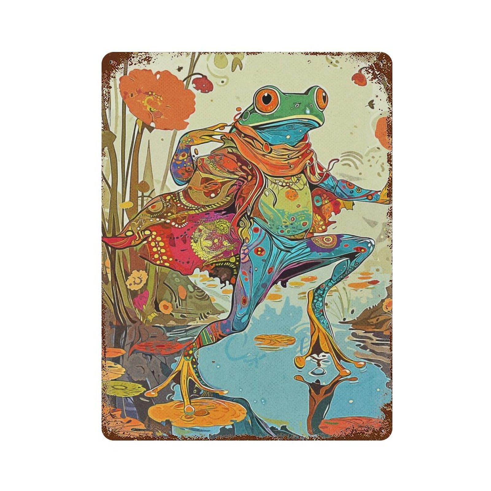 Rust Effect Dancing Frogs Vintage Rust Metal Sign 15.7"x11.8", Old School Wall Decor for Cafe, Home Bar And Lounge Decor