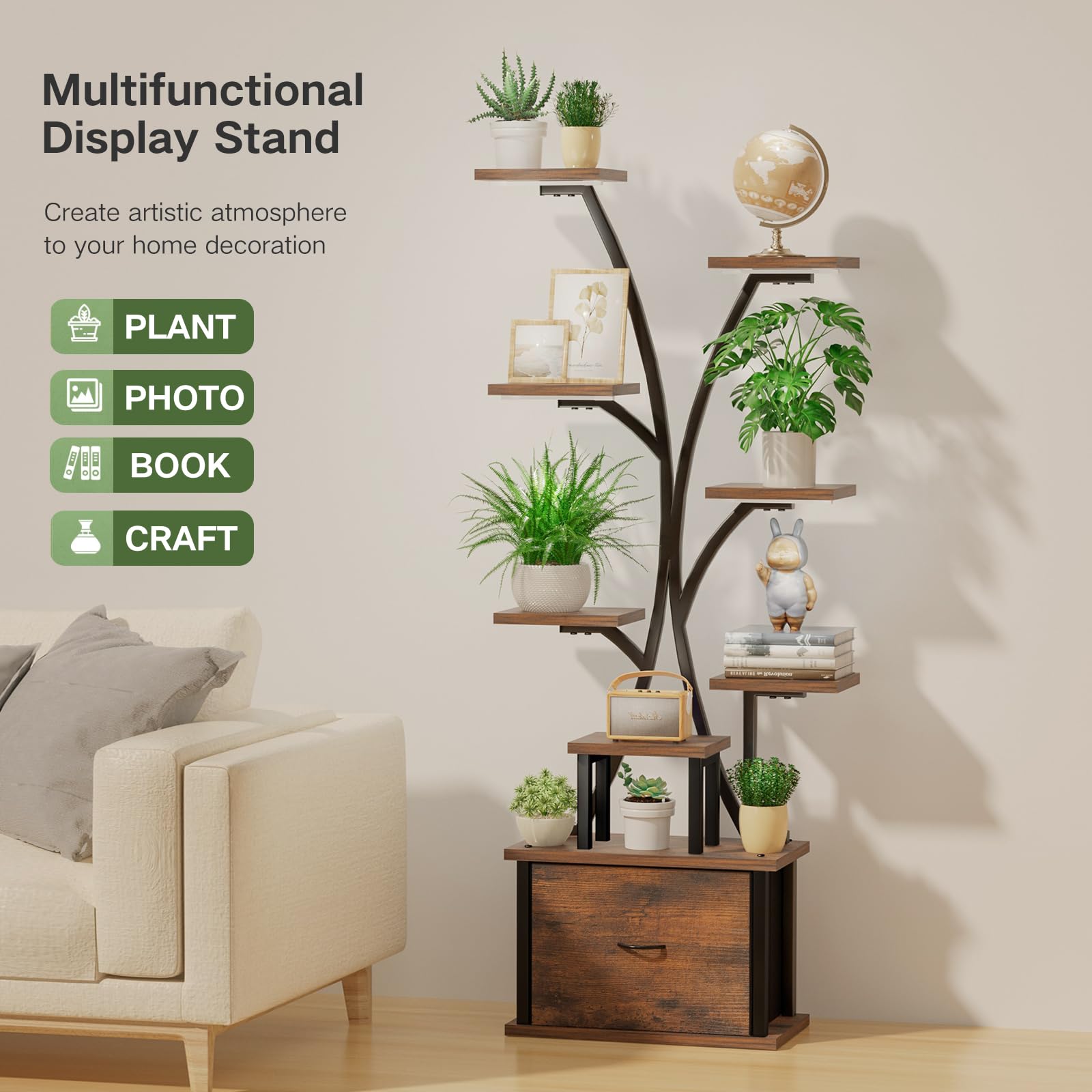 Pflanzenständer mit Wachstumslicht - 9 Ebenen Blumenständer Metall Holz mit Schublade, 165cm Hoher Blumenregal für den Innenbereich, Pflanzenregal mit Licht für Drinnen, Garten und Balkon