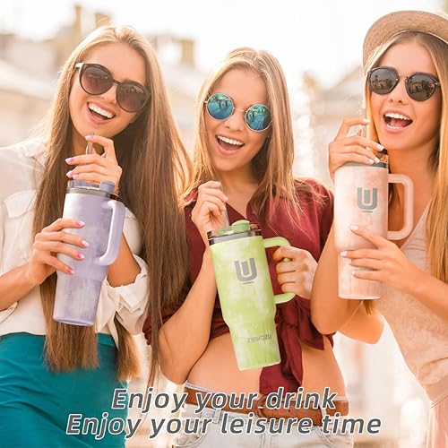 Miniatura 7 de ZUWOZU Vaso de acero inoxidable con aislamiento al vacío con tapa y pajilla, de 40 oz, con asa y pajilla, 2 tapas, taza de viaje para café helado,