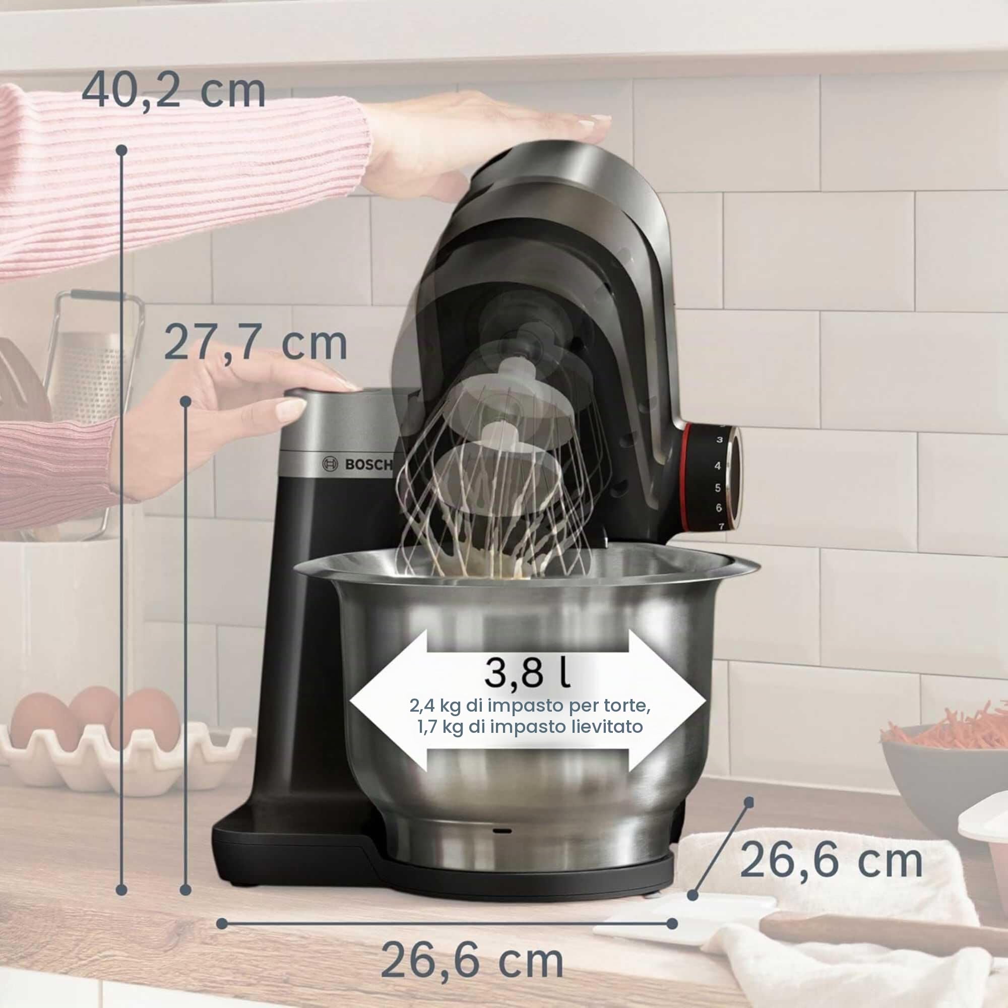 Bosch Robot da cucina 7 in 1 MUMS2VM40G 7 velocità, gancio per impastare, frusta, sbattitore, frullatore, spremiagrumi, tritatutto, 900 W, Nero