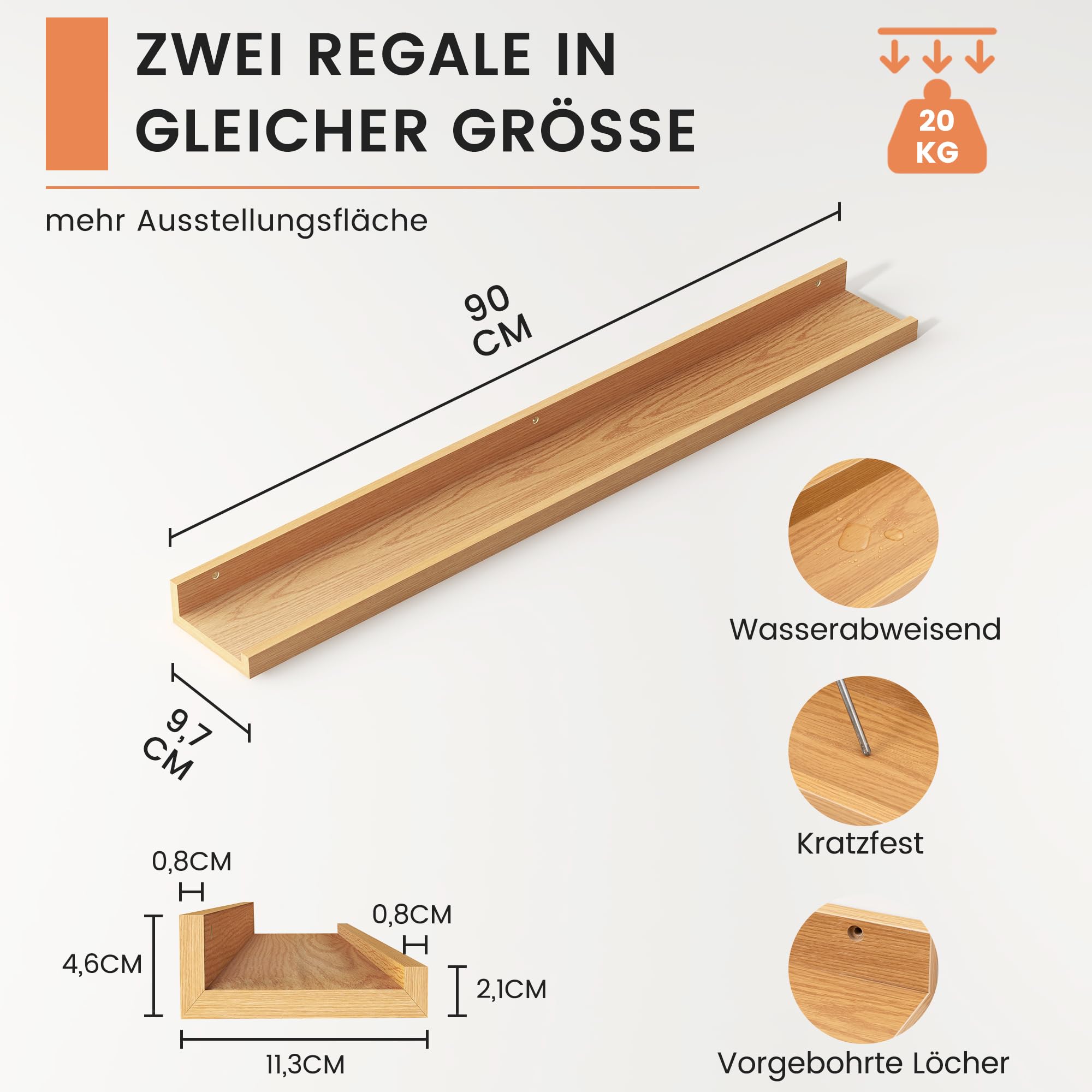 FLYJOE Schweberegale, 90 cm Wandregal Bilderleiste, U-förmig Wandmontiertes Regal aus Holzwerkstoff für Kinderbücher Wohnzimmer, Arbeitszimmer, Küche & Schlafzimmer, Eiche, 2er Set