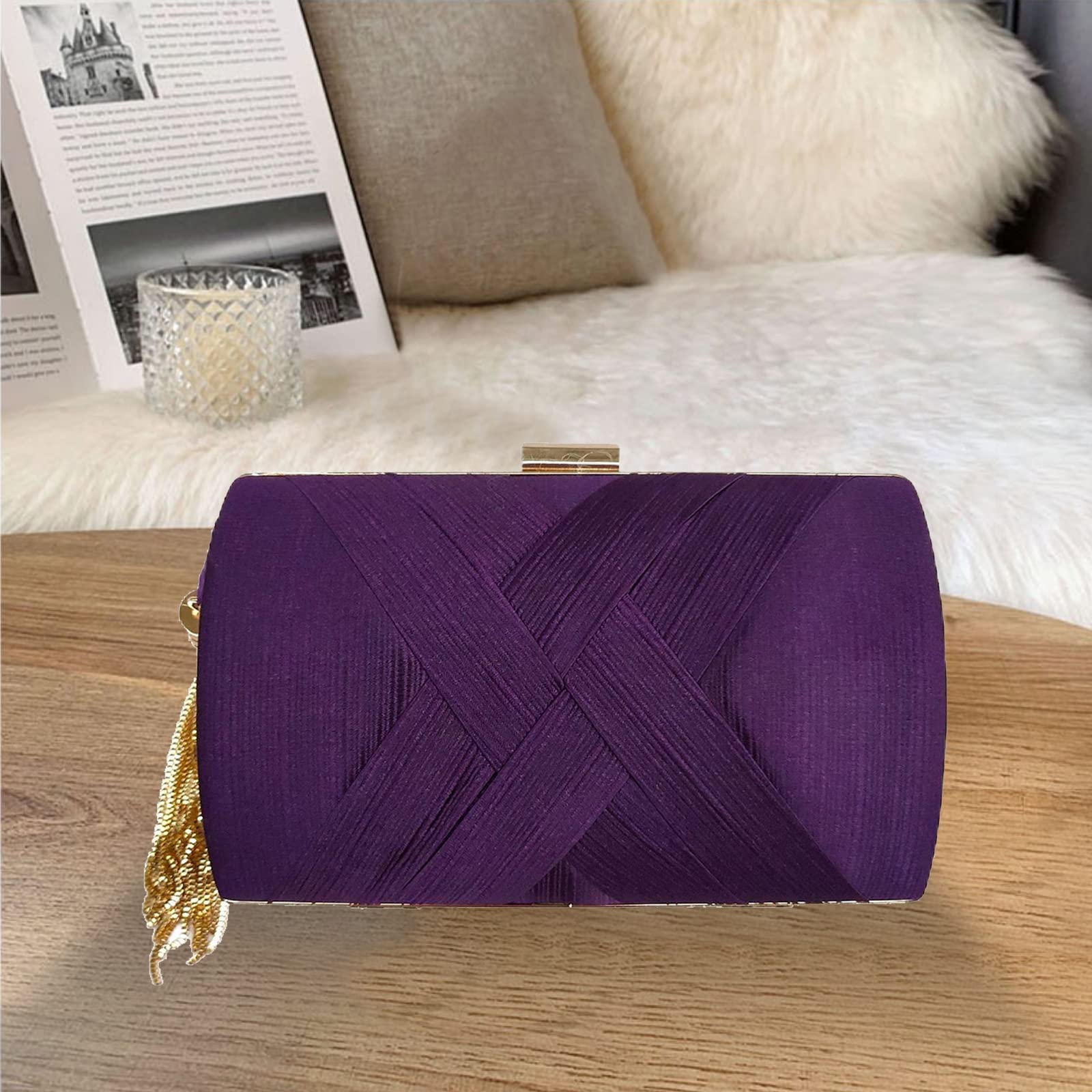 CORIOS Clutch Donna Borsetta da Sera Borsa a Spalla con Frange Pochette Piccolo con Catena Elegante Borse Messenger Cocktail Festa Cerimonia Ballo Borsa a Tracolla Viola