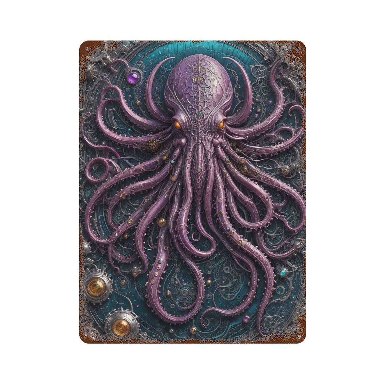 Rusty Metal Tin Sign with Steampunk Cthulhu Design 15.7"x11.8", for Shed, Workshop And Garage Wall Decor, Classic Wall Plaque