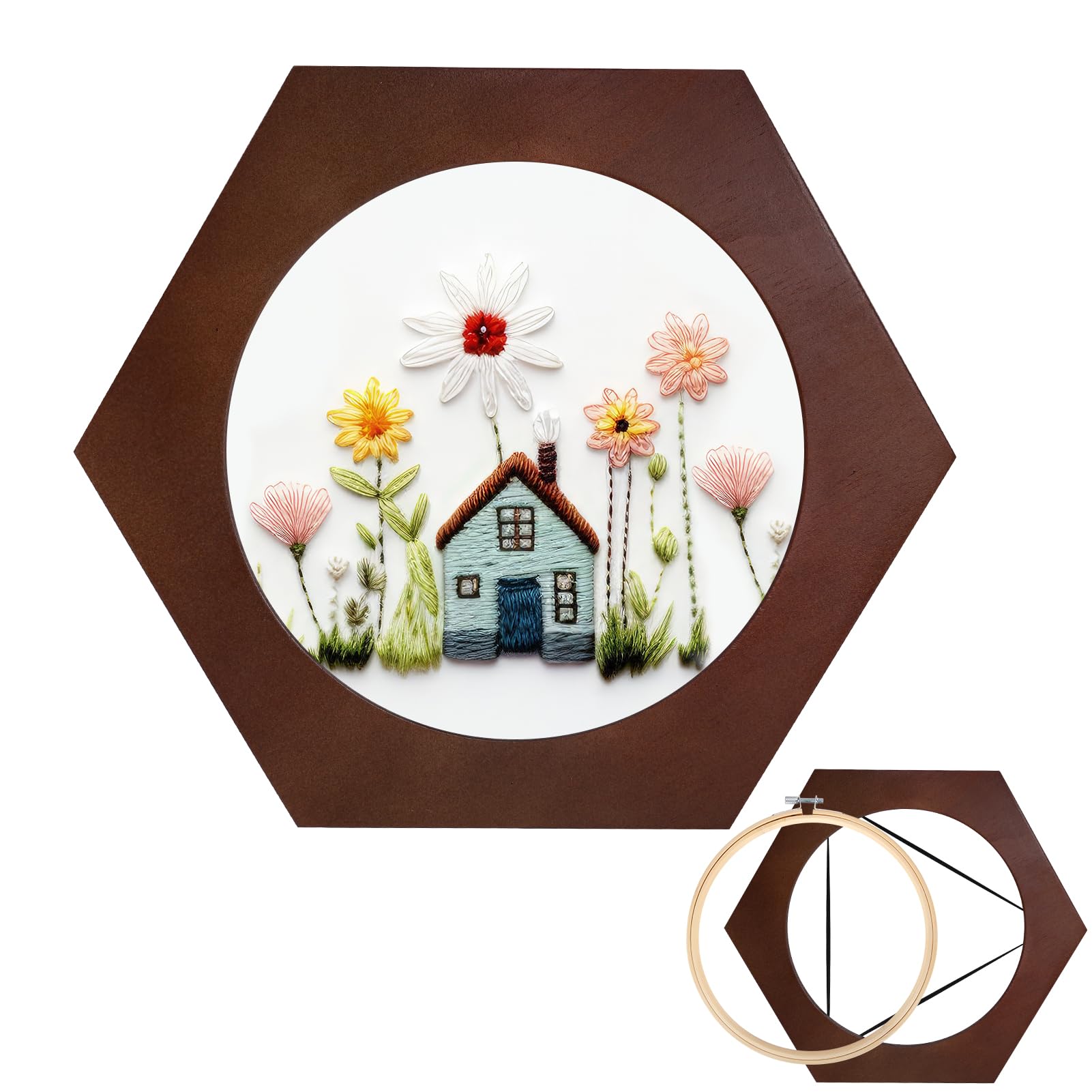 XEmbro 8 Inch Wood Embroidery Hoop Frame, Hexagon Embroidery Display Frame