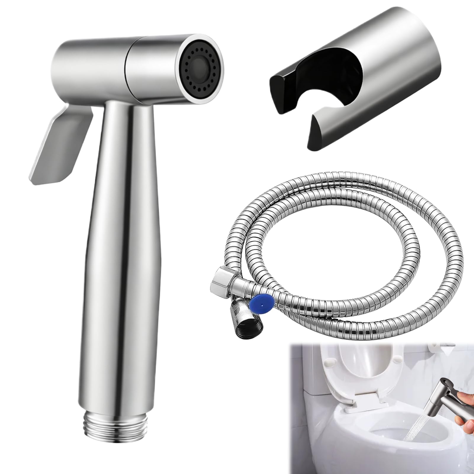 Stainless Steel Toilet Bidet Sprayer Set,Jet Spray for Toilet,Hand Held Douche Spray with 1.5m Hose, Valve Adapter & Wall Mounted Sprayer Holder for Personal Hygiene and Cleaning