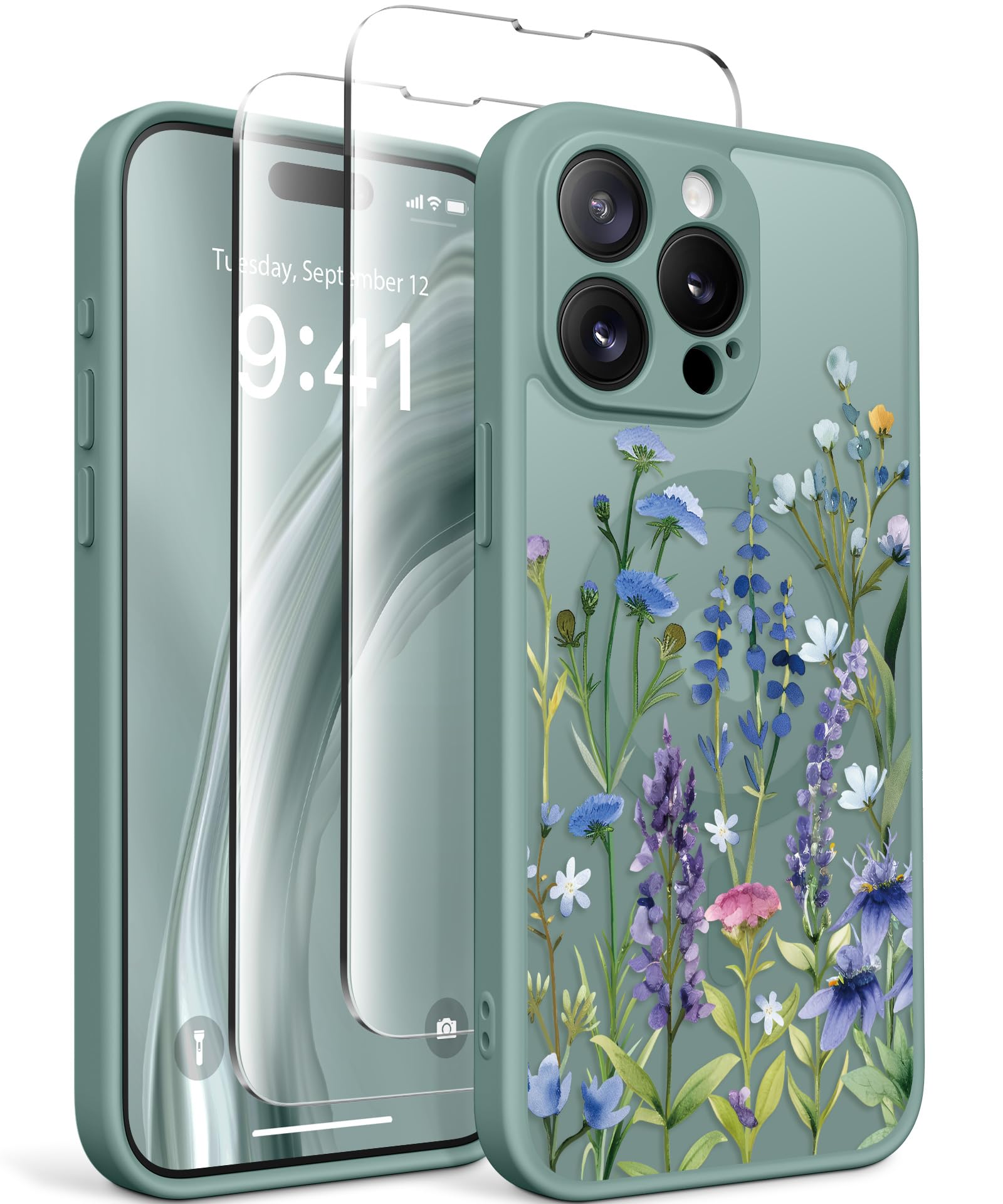 GVIEWIN for iPhone 15 Pro Max Case Compatible with MagSafe, [Military Grade Protection] [2X Screen Protector] Full Camera Protection Floral Translucent Women Magnetic Phone Case, Sweet Posy/Teal Green